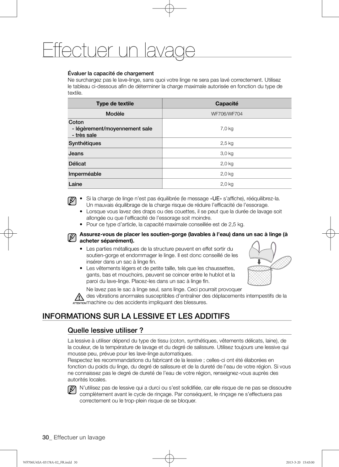 Samsung WF706U4SAGD/EF, WF706U4SAWQ/EF manual Informations sur la lessive et les additifs, Quelle lessive utiliser ? 