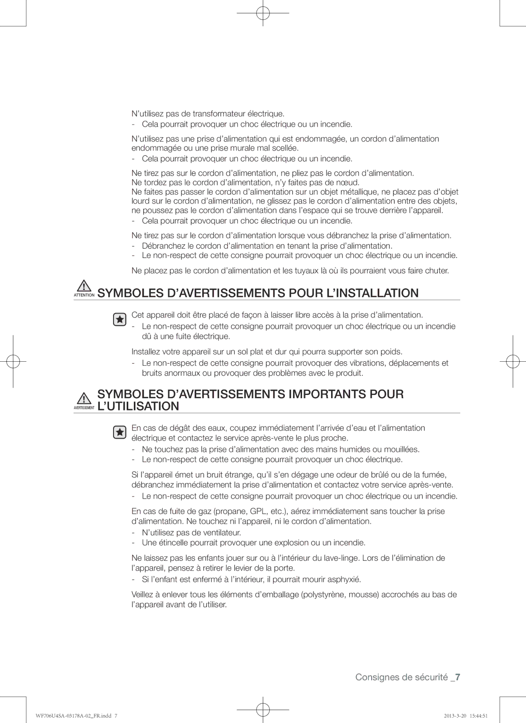 Samsung WF706U4SAWQ/EF, WF706U4SAGD/EF manual Symboles D’AVERTISSEMENTS Importants Pour 