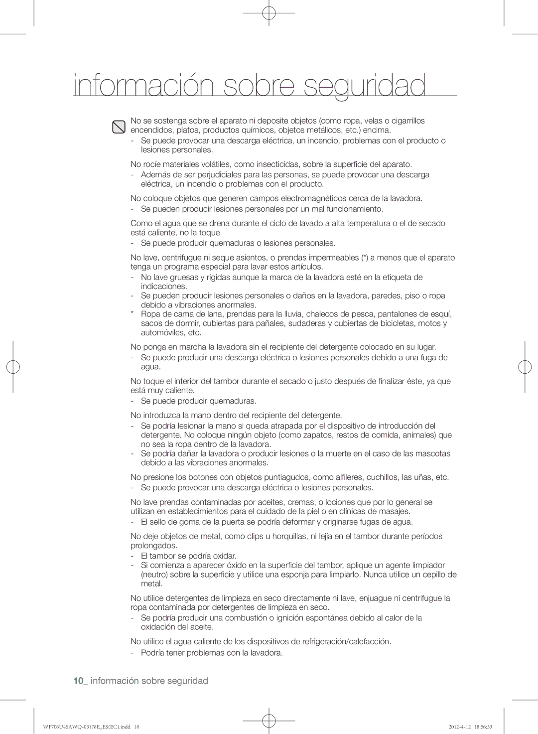 Samsung WF706U4SAWQ/EC manual Información sobre seguridad 