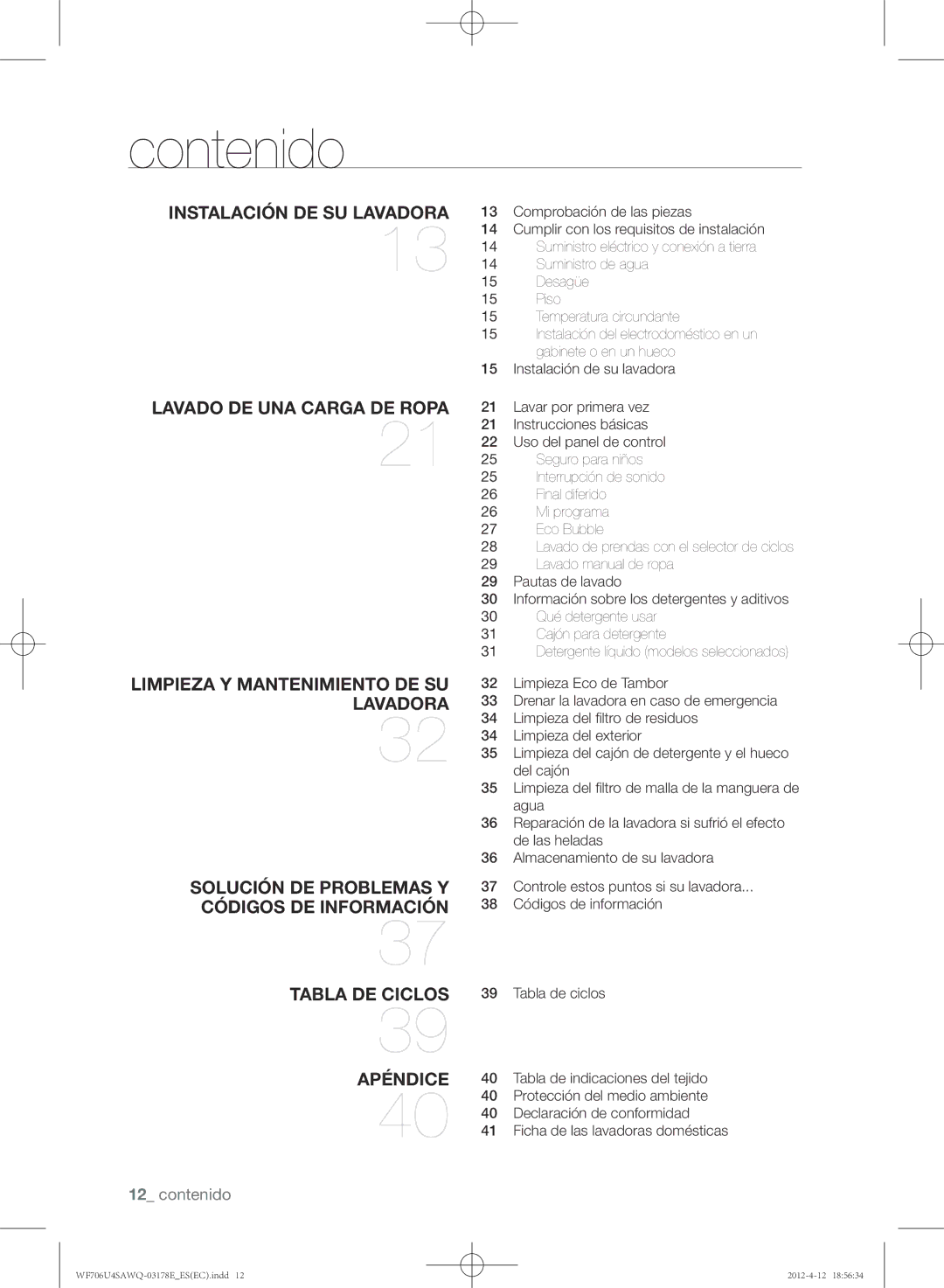 Samsung WF706U4SAWQ/EC manual Contenido 