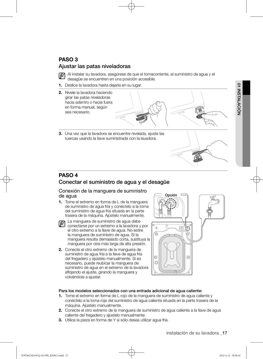 Samsung WF706U4SAWQ/EC manual Ajustar las patas niveladoras, Conectar el suministro de agua y el desagüe, Ión Instalac 