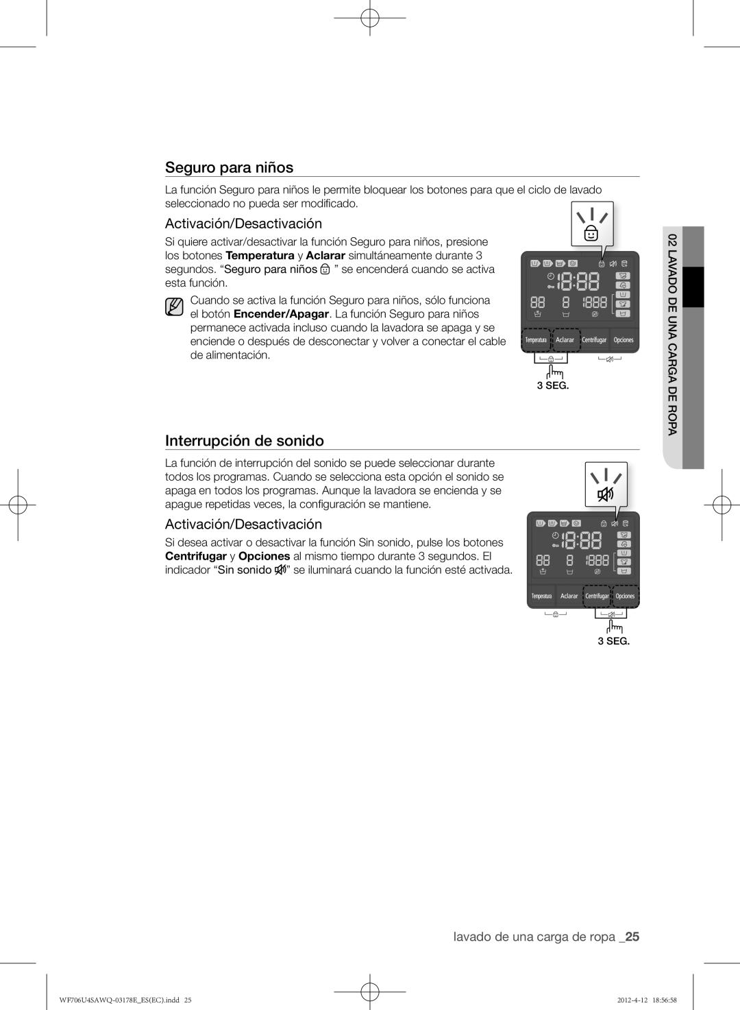 Samsung WF706U4SAWQ/EC manual Interrupción de sonido, Activación/Desactivación 