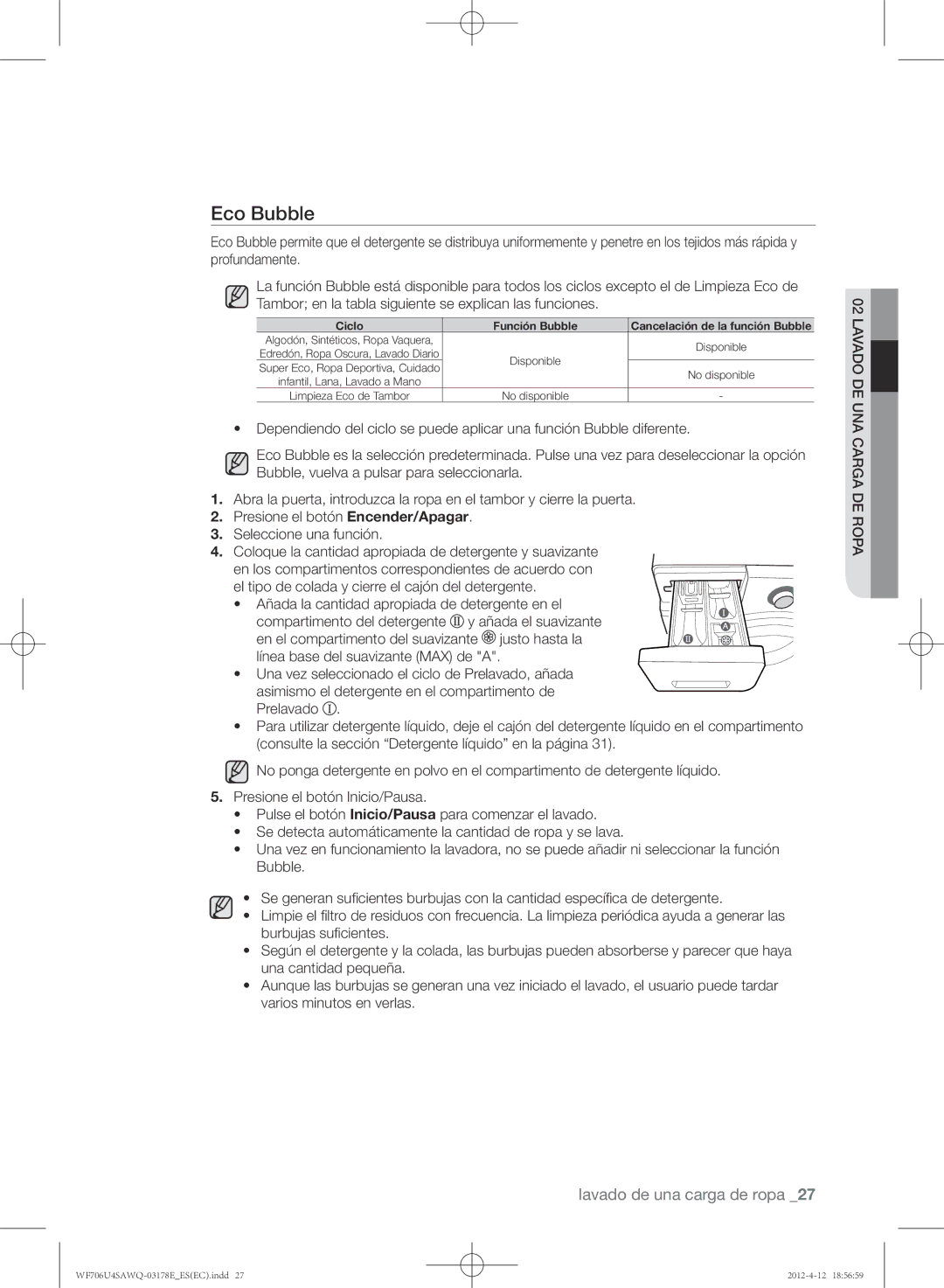 Samsung WF706U4SAWQ/EC manual Eco Bubble, Ciclo Función Bubble 