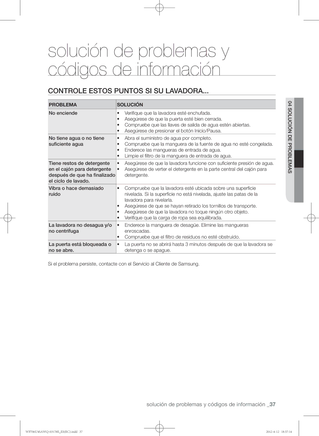 Samsung WF706U4SAWQ/EC manual Controle estos puntos si su lavadora, Enderece las mangueras de entrada de agua 