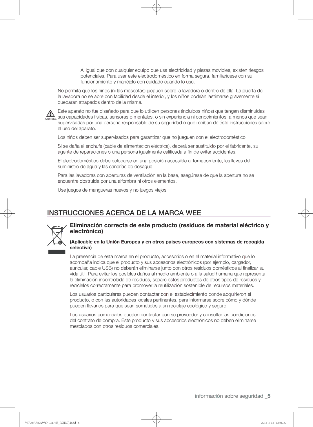 Samsung WF706U4SAWQ/EC manual Instrucciones acerca de la marca WEE 