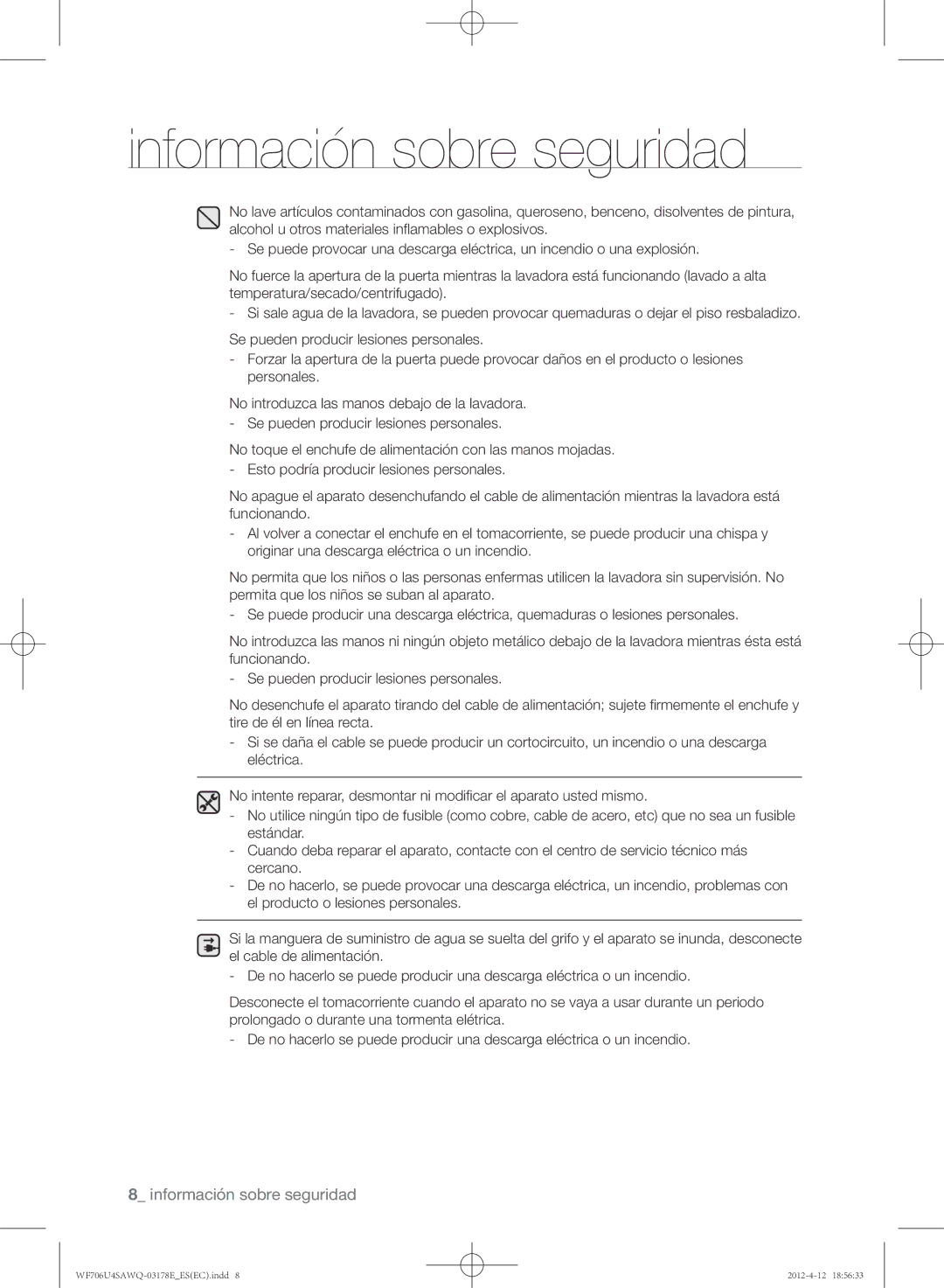 Samsung WF706U4SAWQ/EC manual Información sobre seguridad 