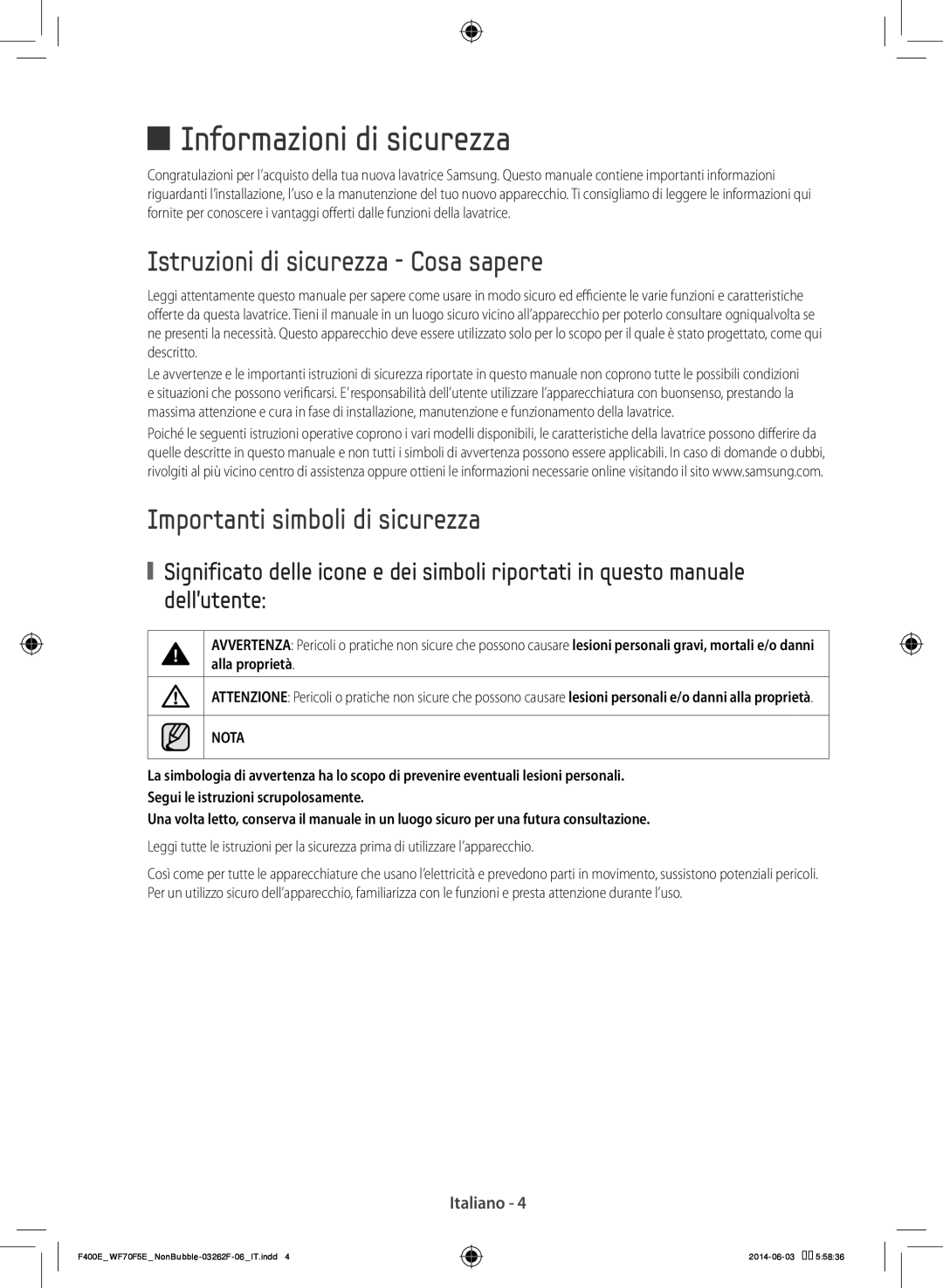 Samsung WF60F4E0N0W/ET Informazioni di sicurezza, Istruzioni di sicurezza - Cosa sapere, Importanti simboli di sicurezza 