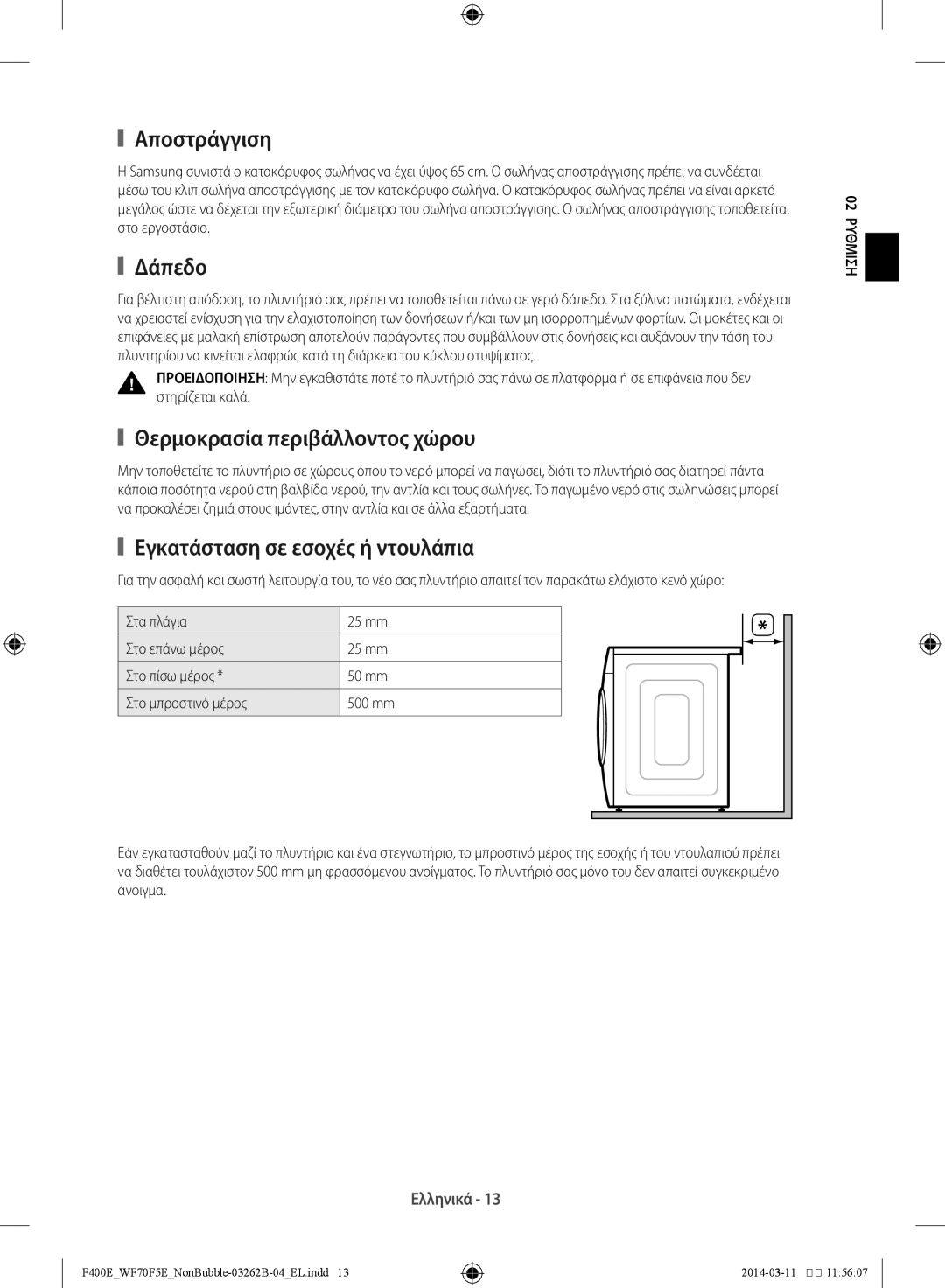 Samsung WF60F4E0N0W/LV manual Αποστράγγιση, Δάπεδο, Θερμοκρασία περιβάλλοντος χώρου, Εγκατάσταση σε εσοχές ή ντουλάπια 