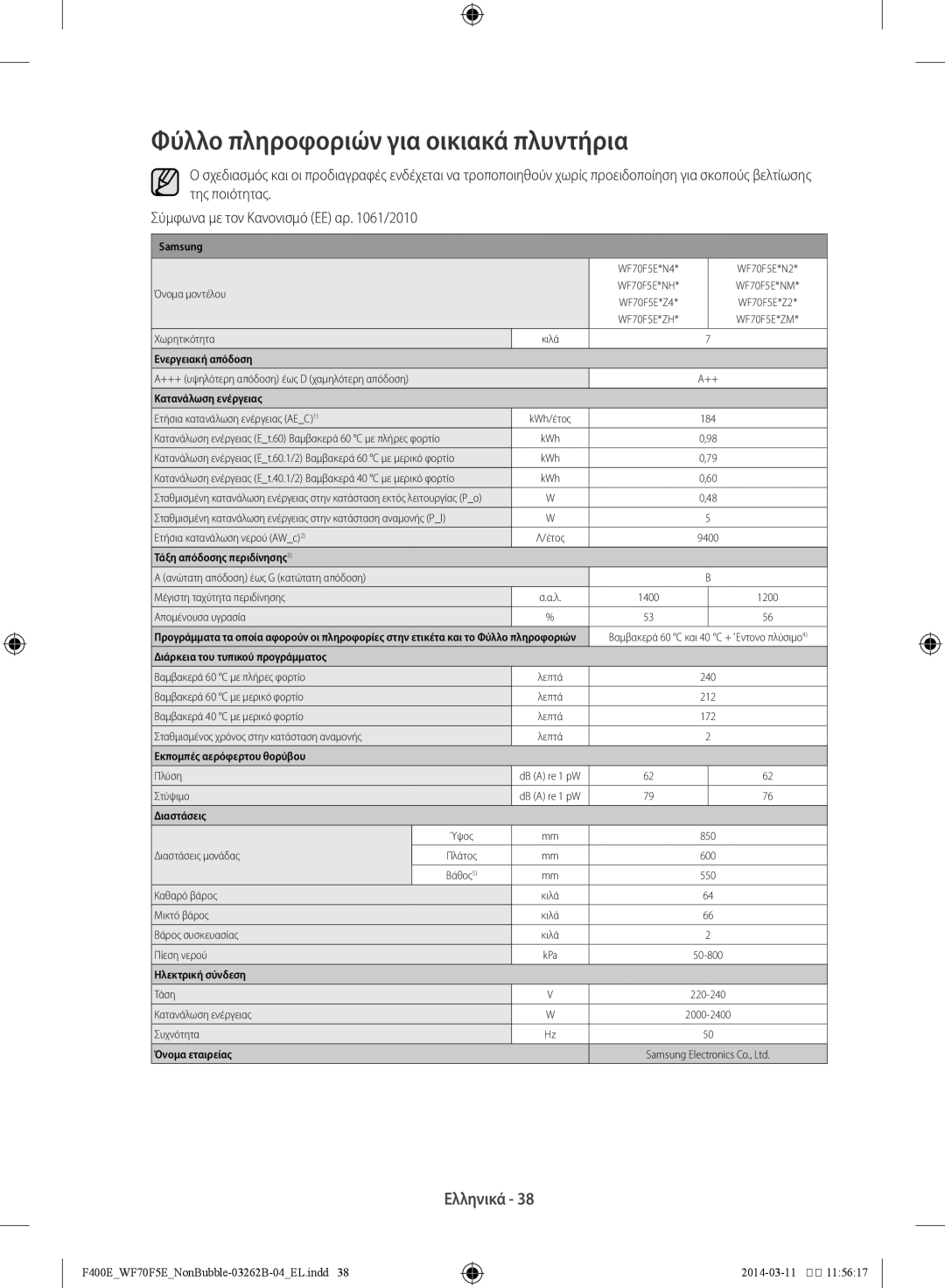 Samsung WF60F4E0N2W/LV, WF70F5E0N2W/LV, WF60F4E0N0W/LV manual Φύλλο πληροφοριών για οικιακά πλυντήρια, Ενεργειακή απόδοση 