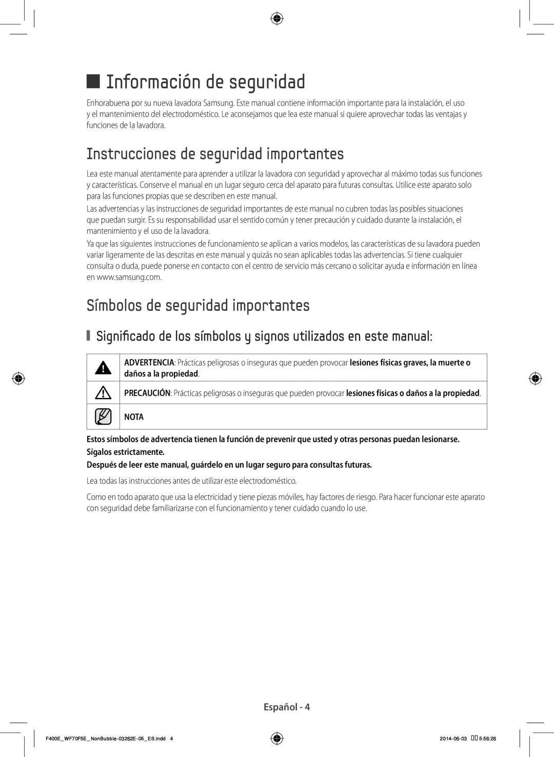 Samsung WF70F5E0N2W/EC, WF70F5E0N4W/EC manual Instrucciones de seguridad importantes, Símbolos de seguridad importantes 