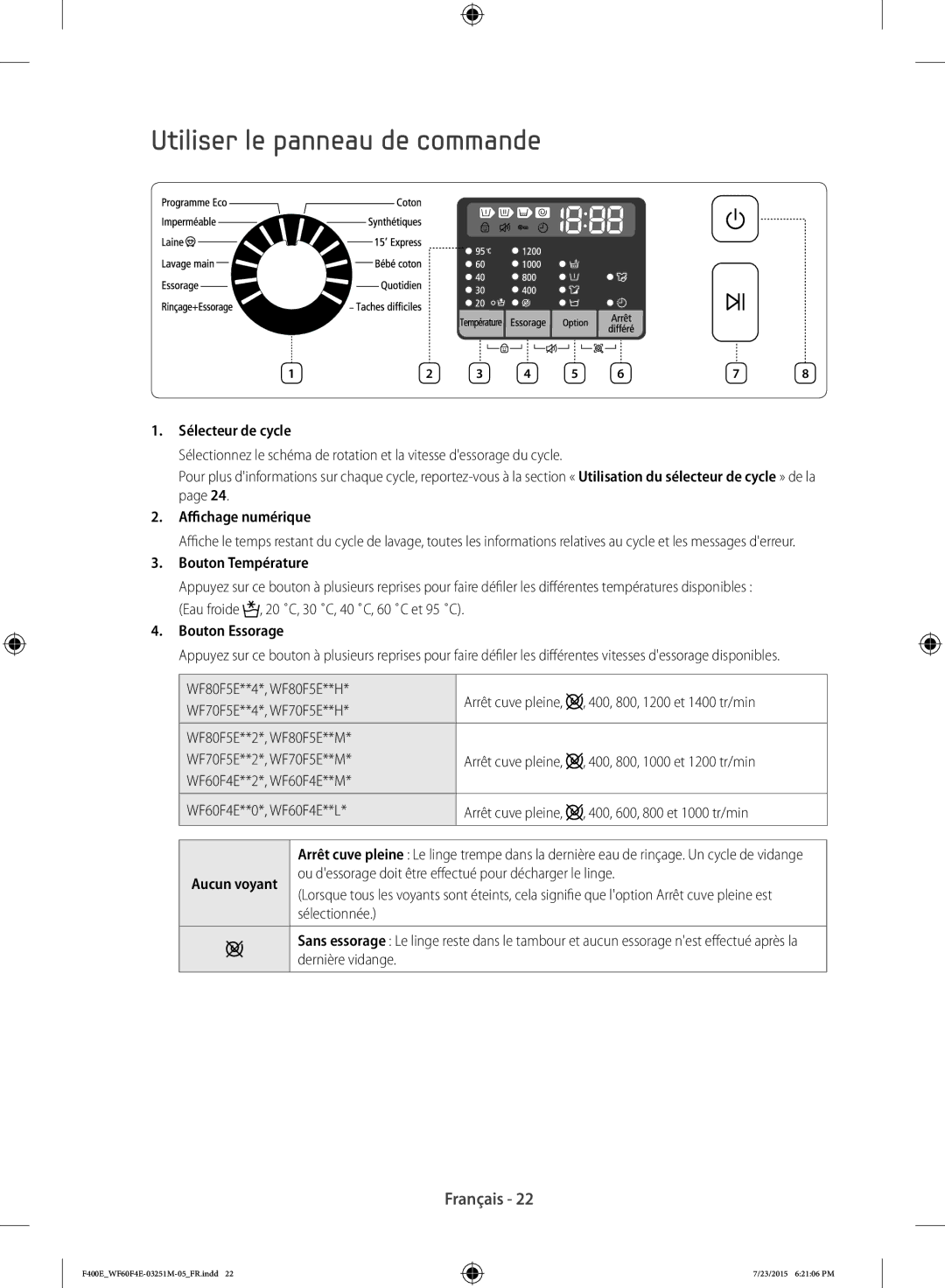 Samsung WF80F5E0W2W/EF manual Utiliser le panneau de commande, Sélecteur de cycle, Affichage numérique, Bouton Température 