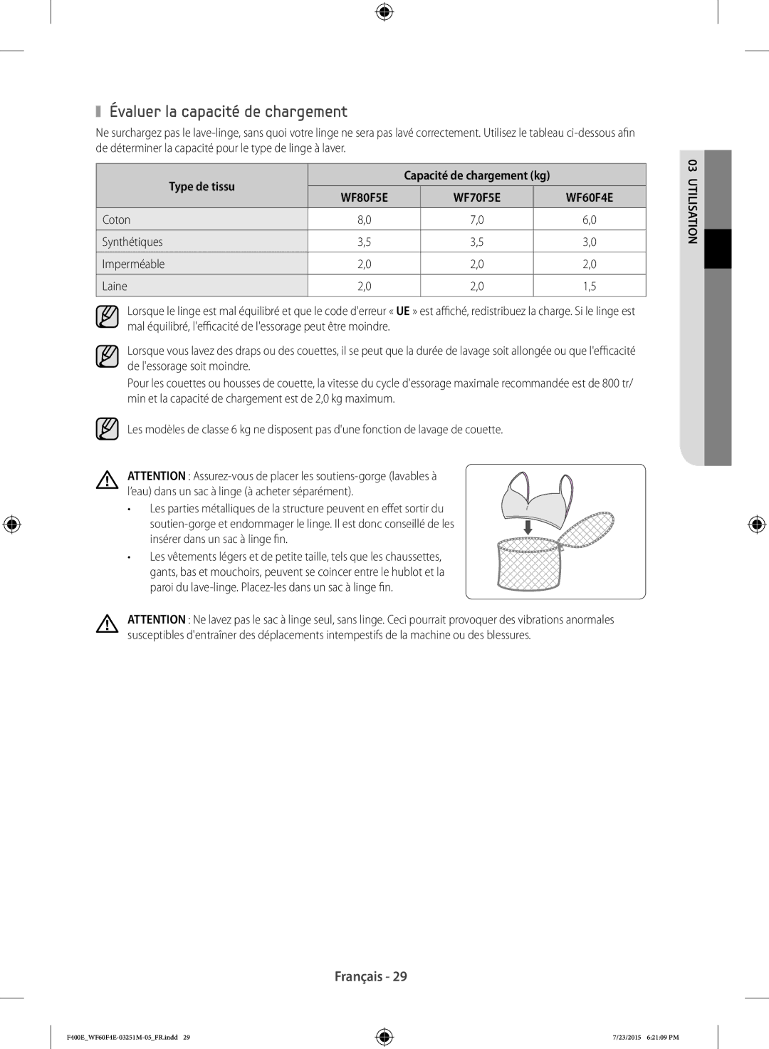 Samsung WF80F5E0W4W/EF, WF70F5E0W4W/EF, WF60F4E0W2W/EF manual Évaluer la capacité de chargement, Type de tissu, Coton 