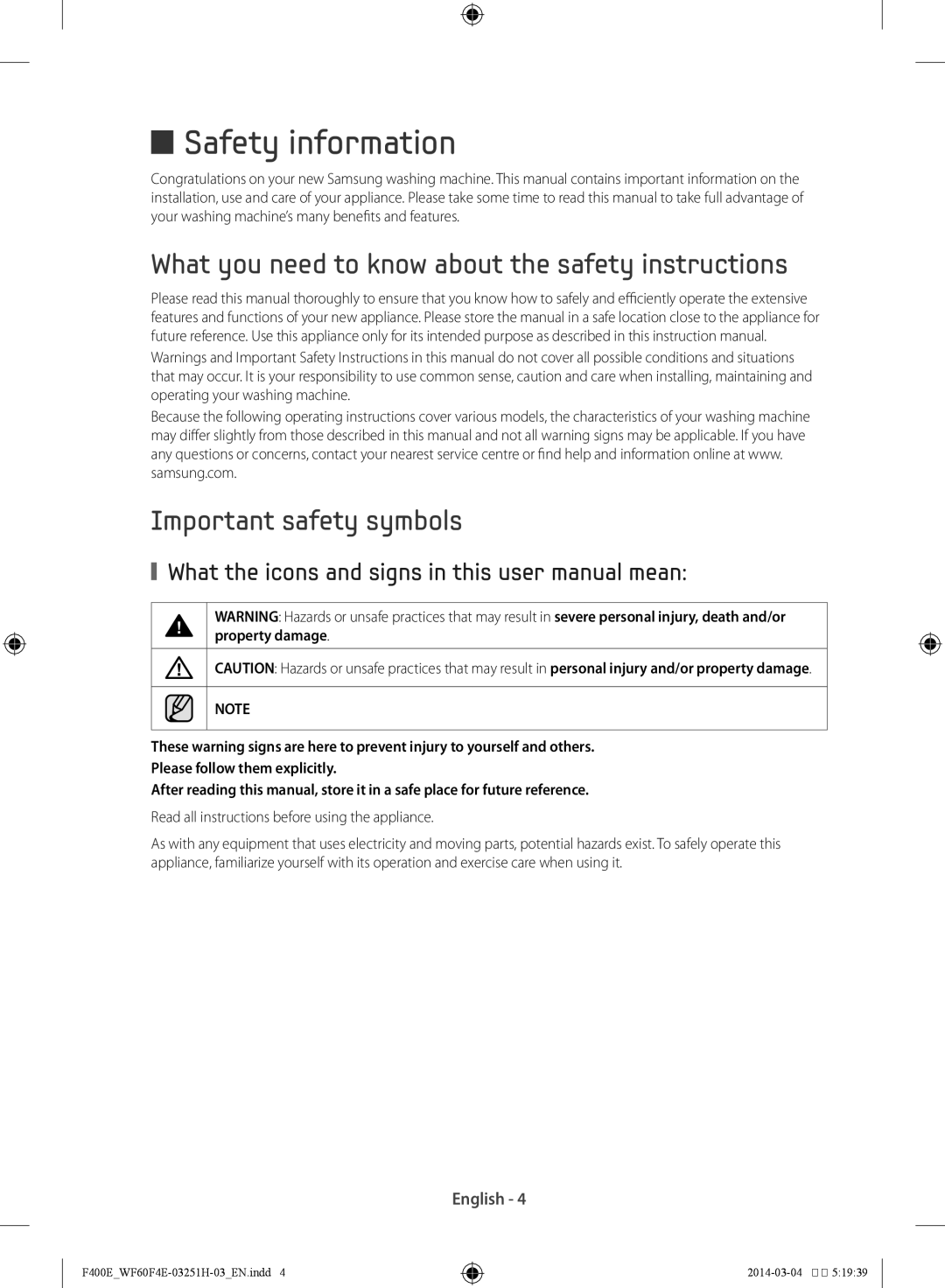 Samsung WF70F5E0Q4W/EN, WF70F5E2Q4W/EN, WF70F5ECQ4W/EN, WF71F5E0Q4W/EN manual Safety information 