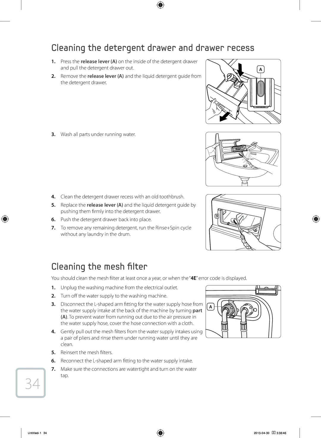 Samsung WF70F5E2W2W/KJ manual Cleaning the detergent drawer and drawer recess, Cleaning the mesh filter, Tap 