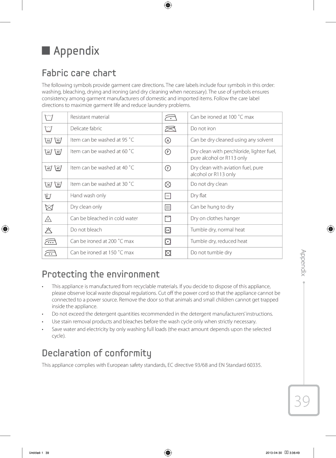 Samsung WF70F5E2W2W/KJ manual Appendix, Fabric care chart, Protecting the environment, Declaration of conformity 