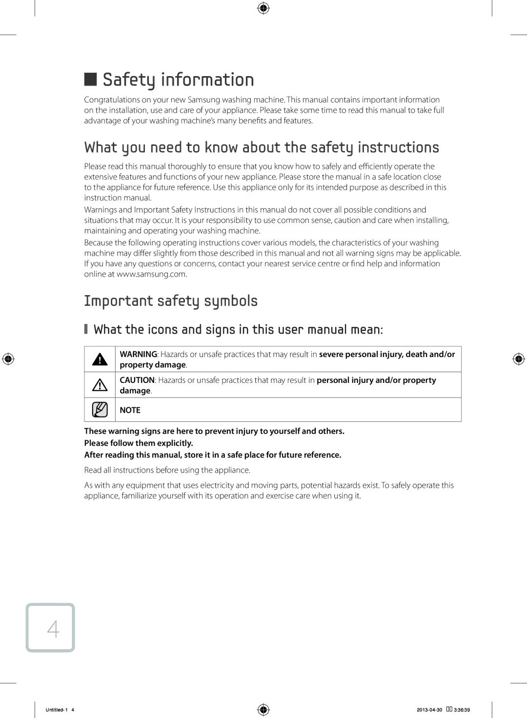 Samsung WF70F5E2W2W/KJ manual Safety information, Read all instructions before using the appliance 