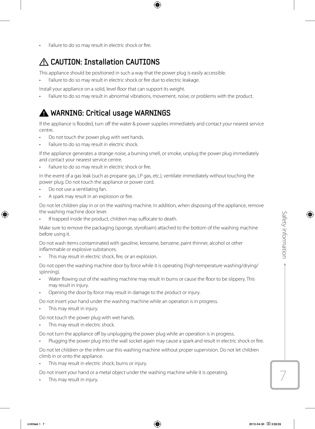 Samsung WF70F5E2W2W/KJ manual Safety information 