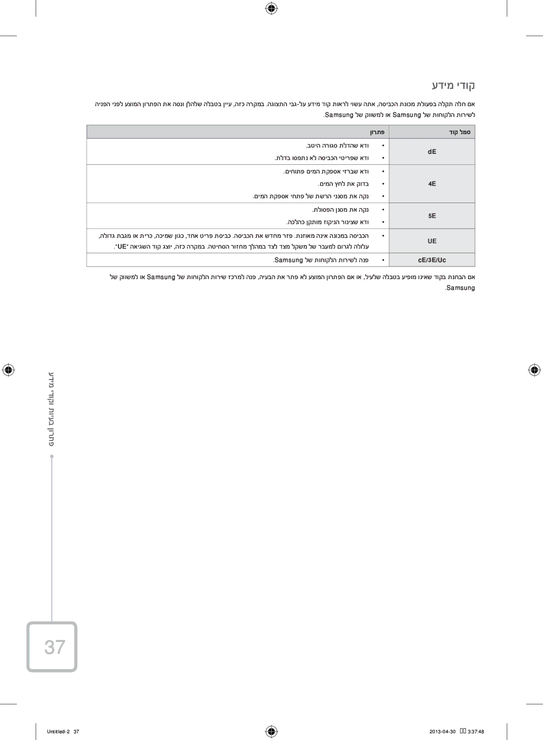 Samsung WF70F5E2W2W/KJ manual עדימ ידוק, תקודיומידע פתרון בעי, ןורתפ 