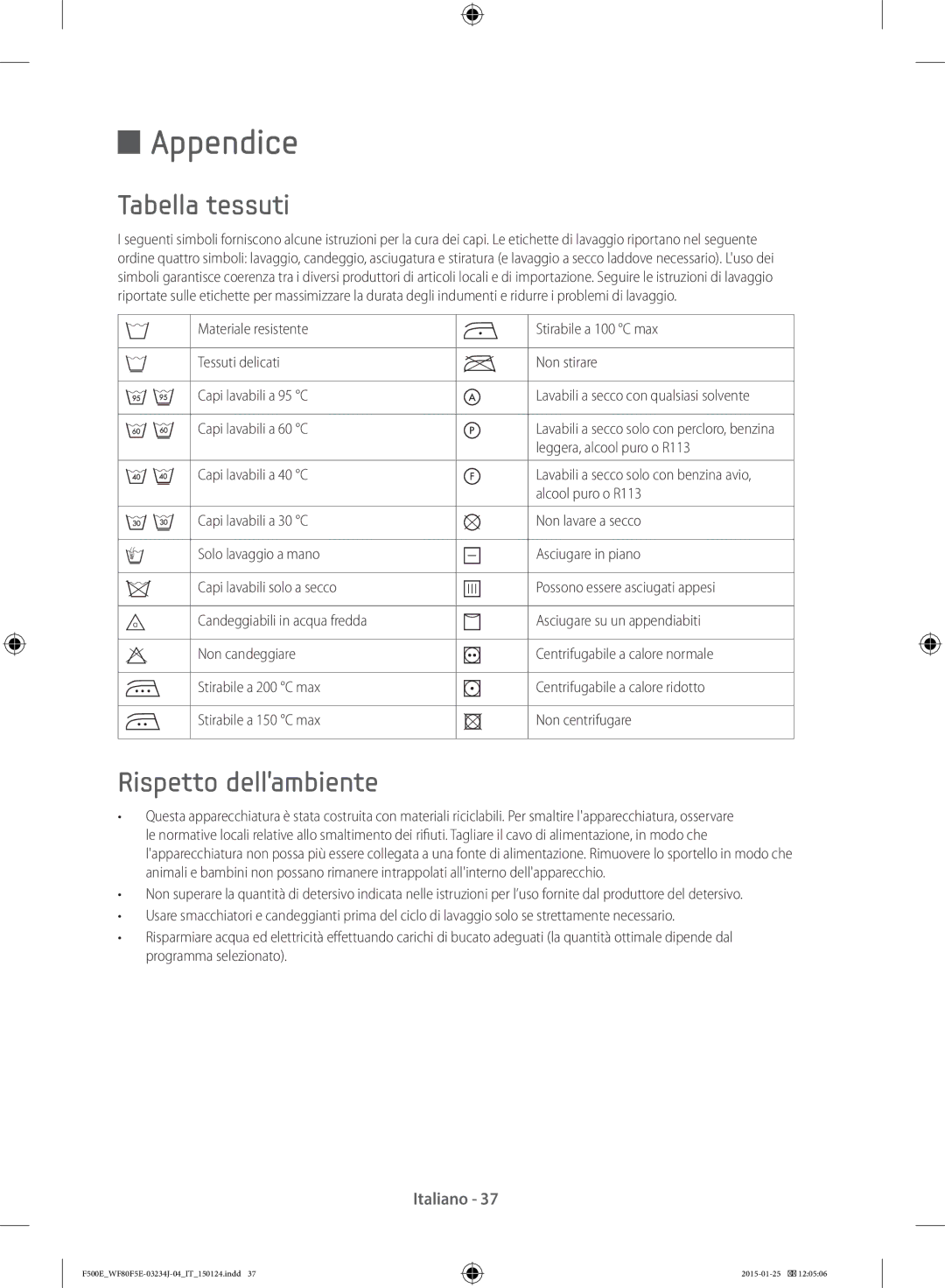 Samsung WF80F5E5U2W/ET, WF70F5E5U2W/ET, WF70F5E5W2W/ET, WF80F5E5U4X/ET Appendice, Tabella tessuti, Rispetto dellambiente 