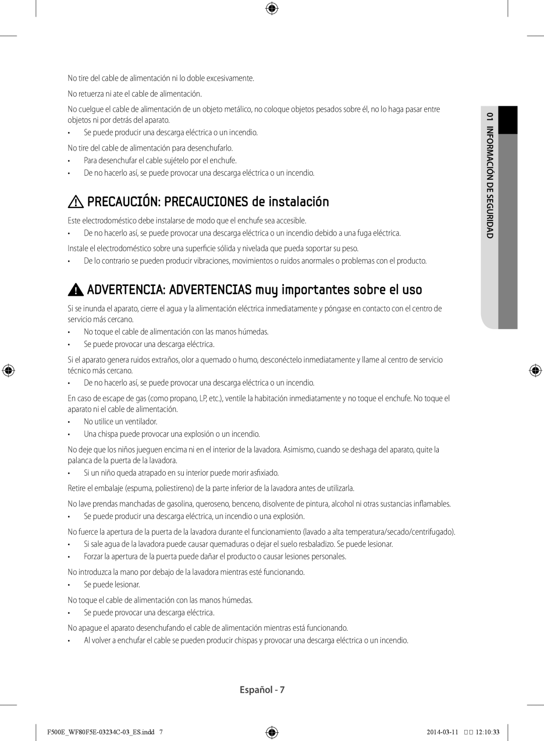 Samsung WF80F5E5W4W/EC manual Precaución Precauciones de instalación, Advertencia Advertencias muy importantes sobre el uso 