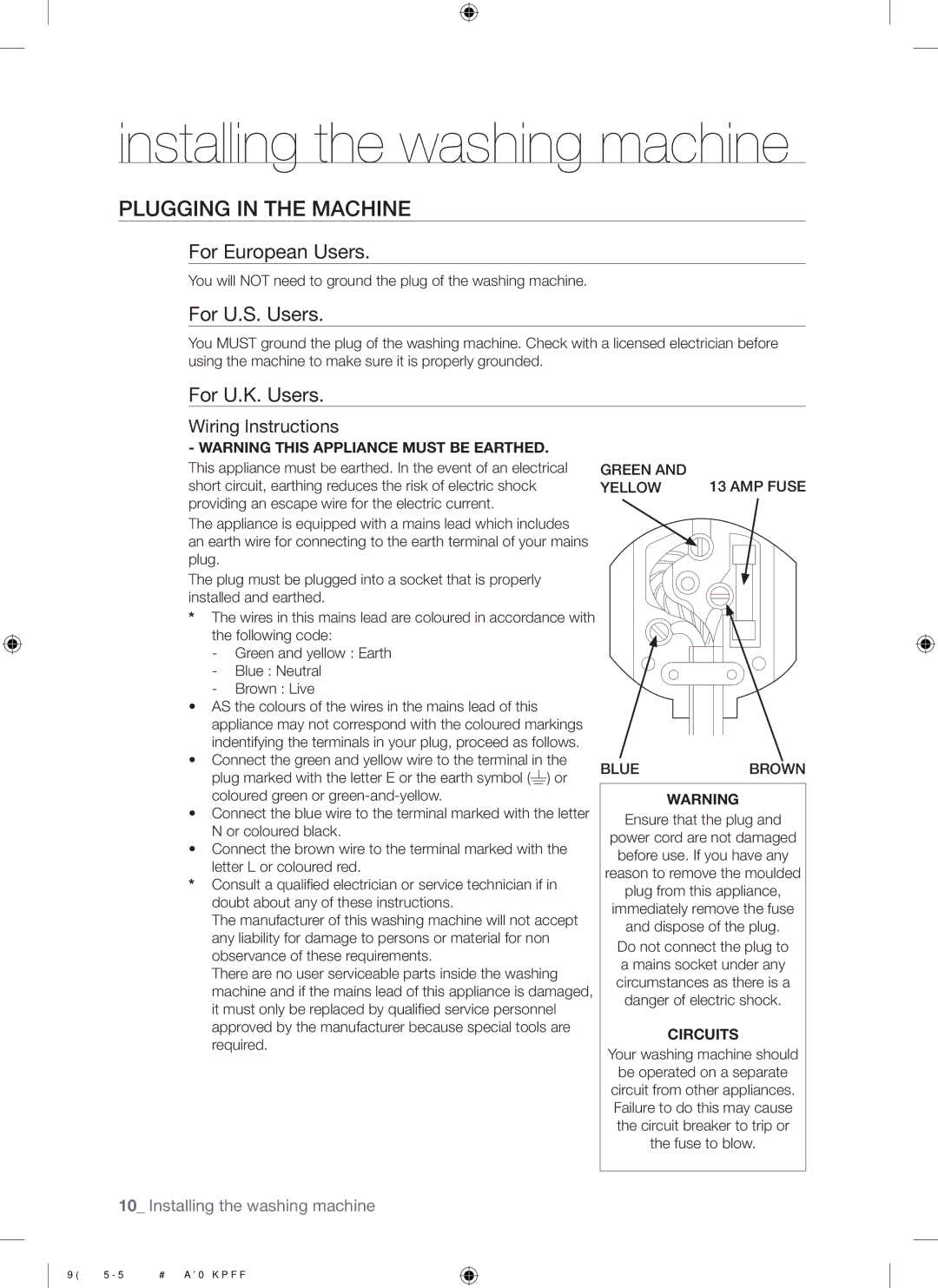 Samsung WF7101SKS/XET, WF7101SKC/XET manual Plugging in the Machine, For European Users, For U.S. Users, For U.K. Users 