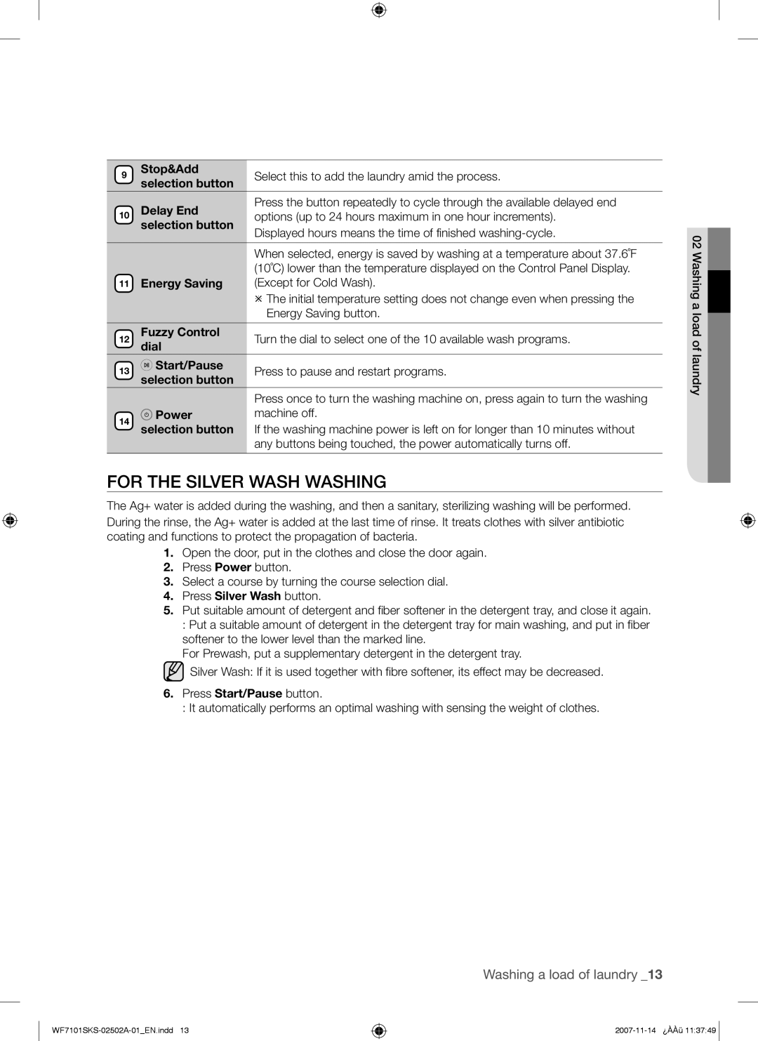 Samsung WF7101SKC/XET, WF7101SKS/XET For the Silver Wash Washing, Stop&Add, Delay End, Power Machine off Selection button 