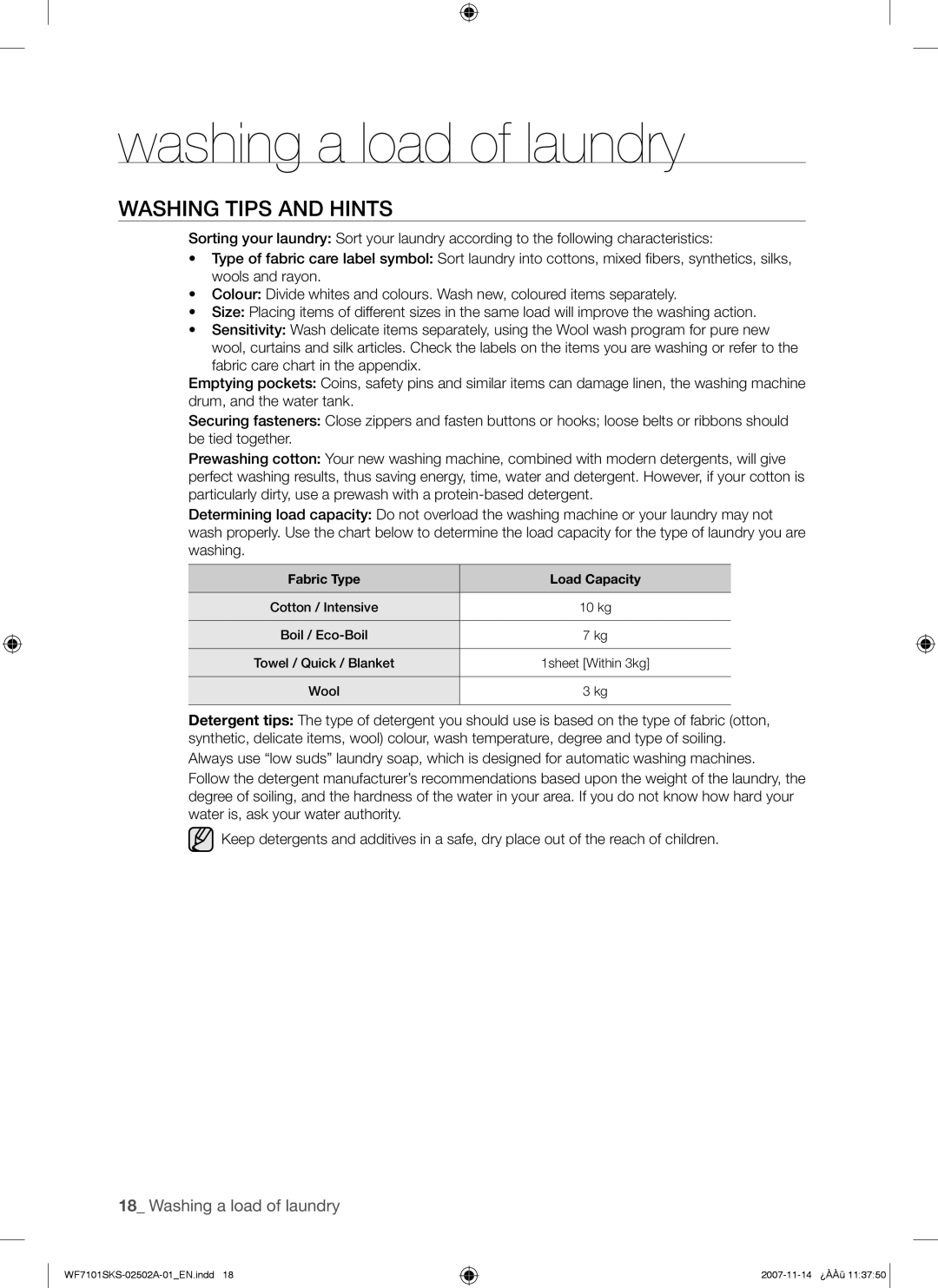 Samsung WF7101SKS/XET, WF7101SKC/XET manual Washing Tips and Hints, Fabric Type Load Capacity 