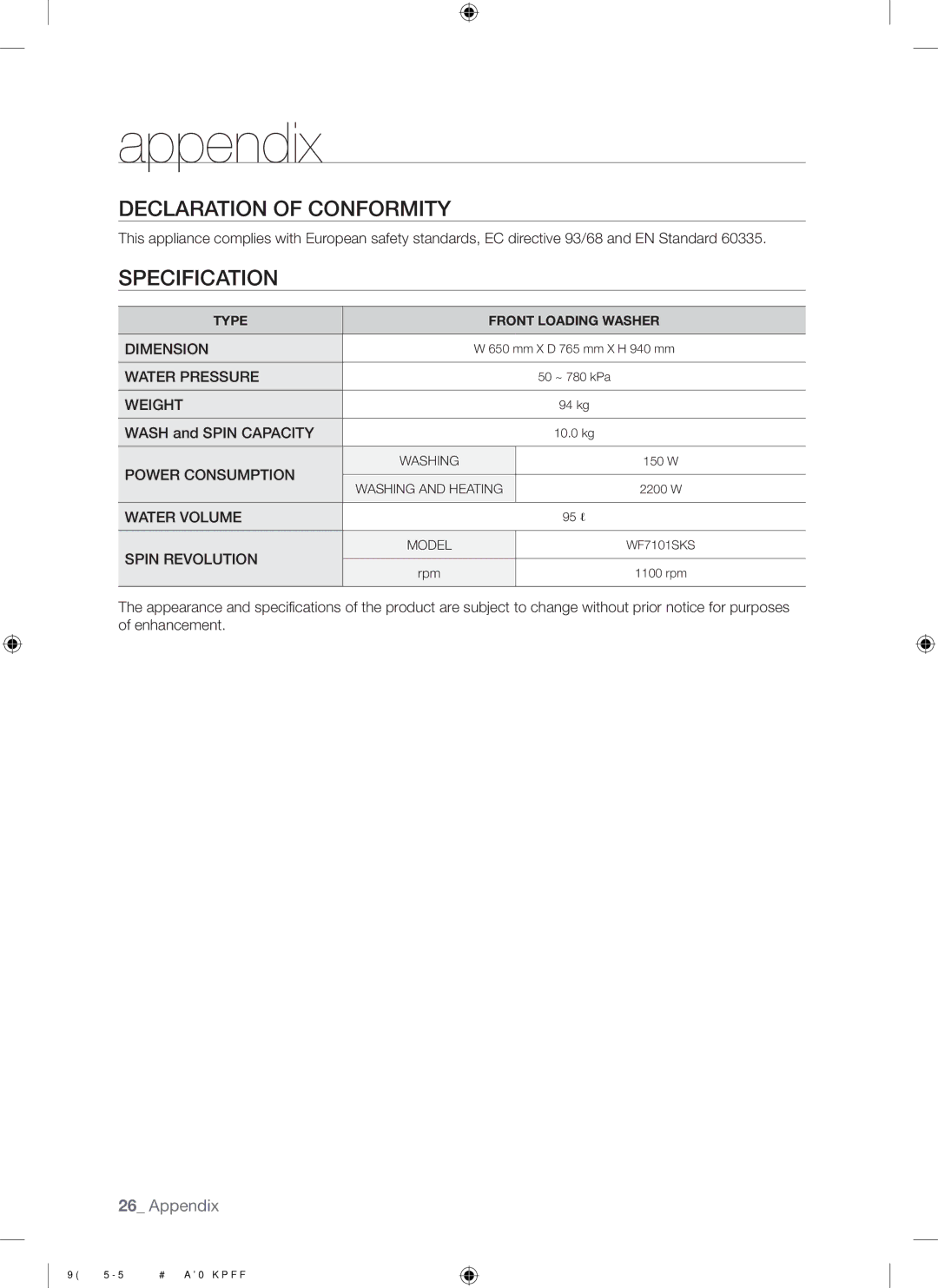 Samsung WF7101SKS/XET, WF7101SKC/XET manual Declaration of Conformity, Specification 