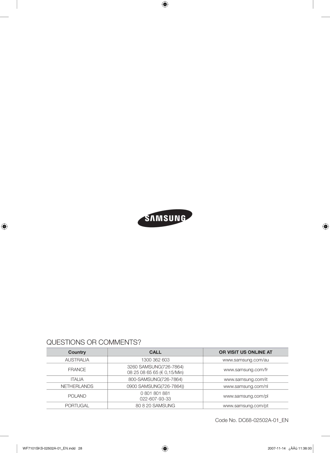 Samsung WF7101SKS/XET, WF7101SKC/XET manual Questions or COMMENTS? 