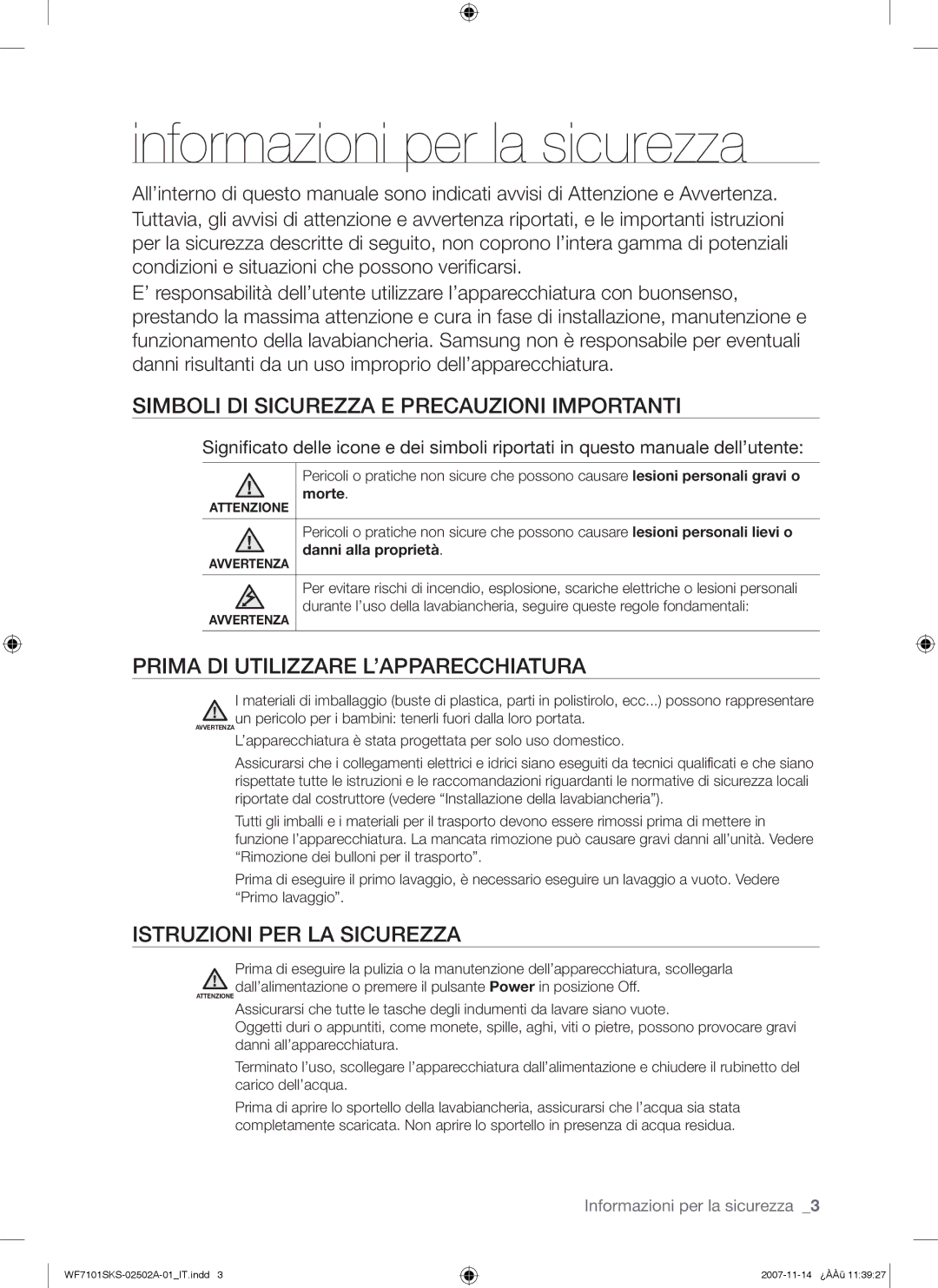 Samsung WF7101SKC/XET, WF7101SKS/XET manual Informazioni per la sicurezza, Simboli DI Sicurezza E Precauzioni Importanti 