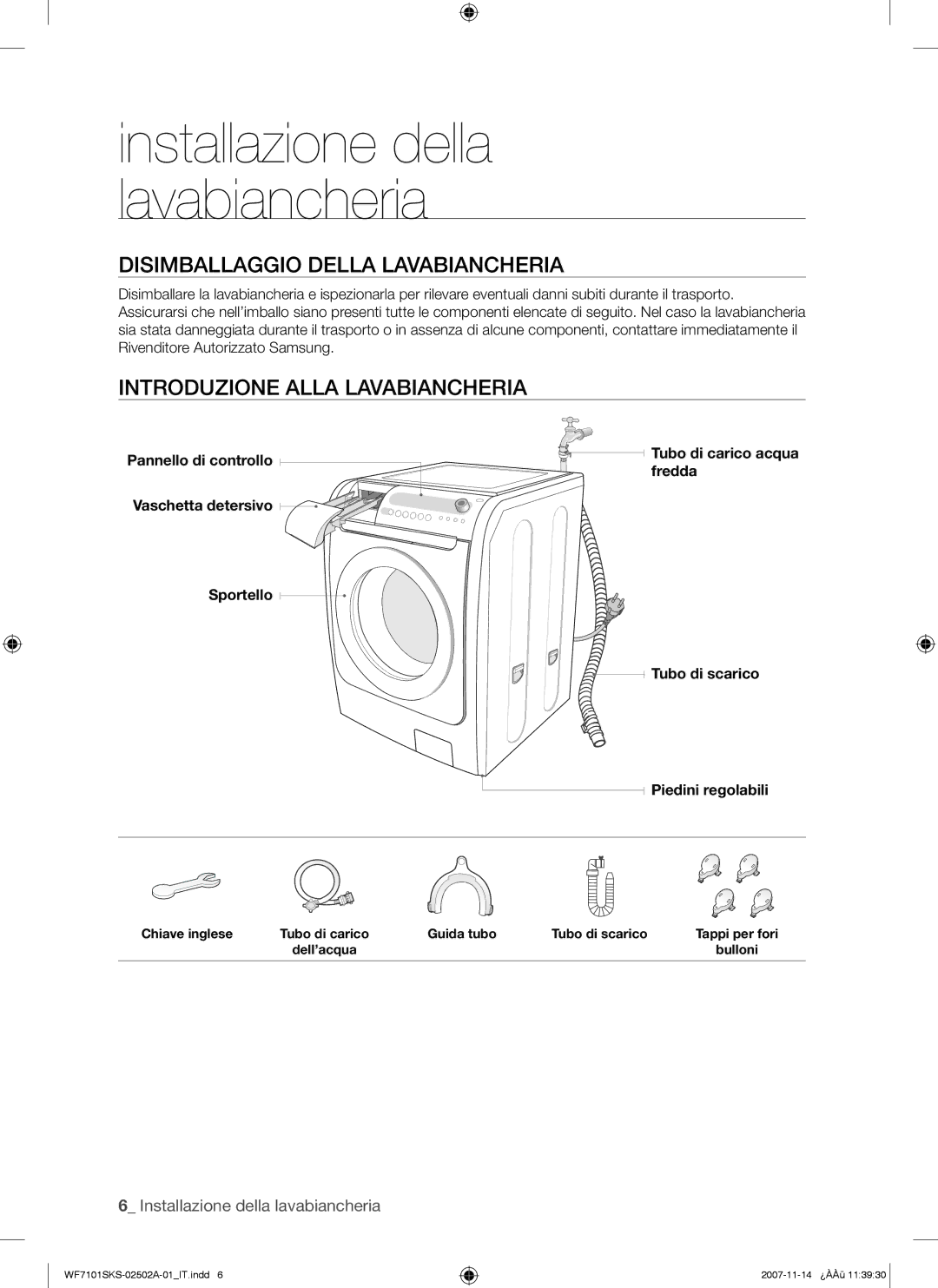 Samsung WF7101SKS/XET, WF7101SKC/XET manual Disimballaggio Della Lavabiancheria, Introduzione Alla Lavabiancheria 