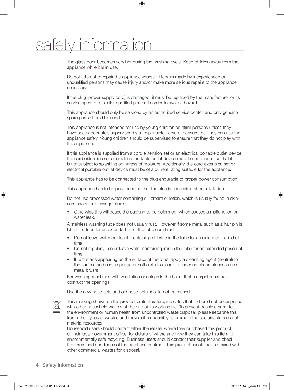 Samsung WF7101SKS/XET, WF7101SKC/XET manual Safety information 