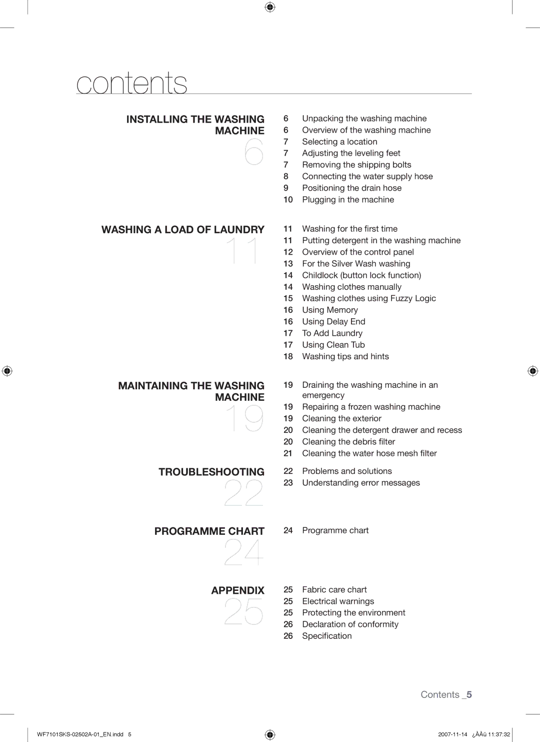 Samsung WF7101SKC/XET, WF7101SKS/XET manual Contents 