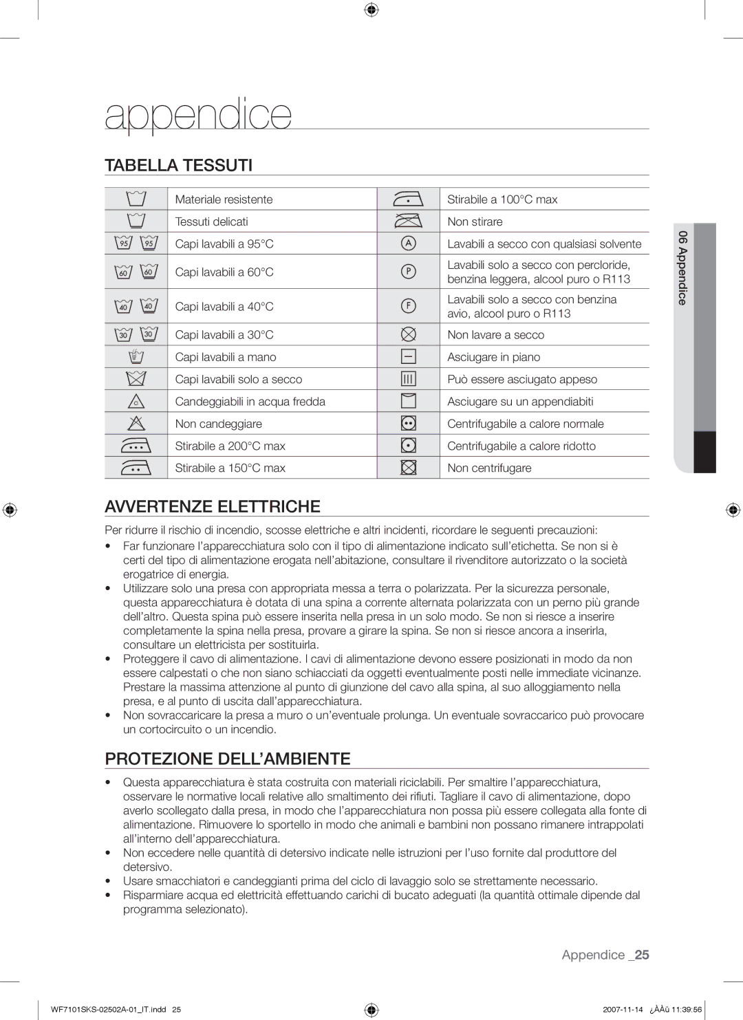 Samsung WF7101SKC/XET, WF7101SKS/XET manual Appendice, Tabella Tessuti, Avvertenze Elettriche, Protezione DELL’AMBIENTE 