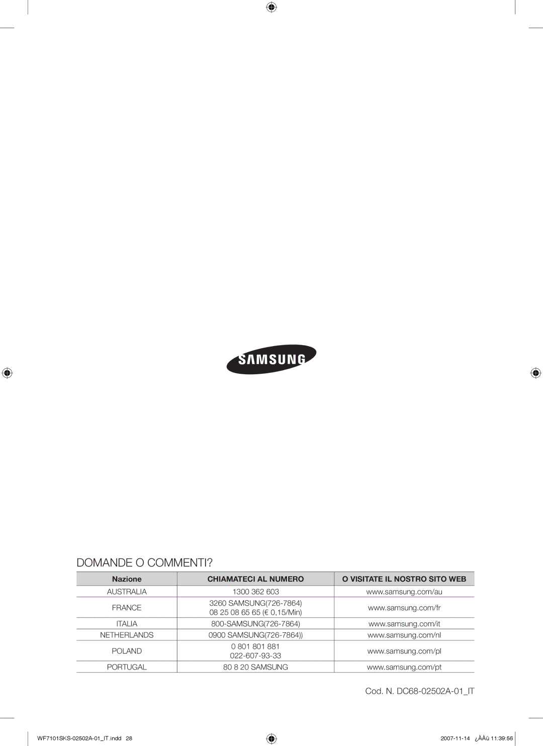 Samsung WF7101SKS/XET, WF7101SKC/XET manual Domande O COMMENTI? 