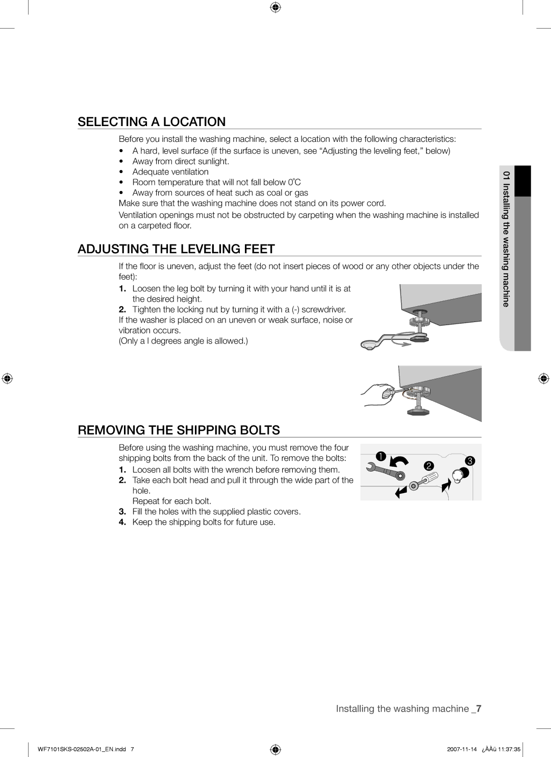 Samsung WF7101SKC/XET, WF7101SKS/XET manual Selecting a Location, Adjusting the Leveling Feet, Removing the Shipping Bolts 