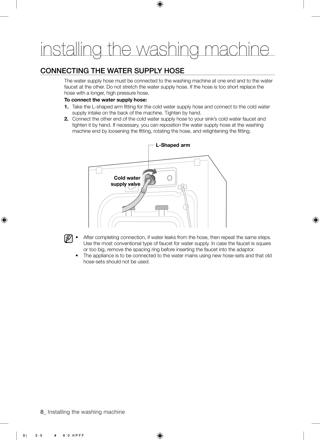 Samsung WF7101SKS/XET, WF7101SKC/XET manual Connecting the Water Supply Hose, To connect the water supply hose 