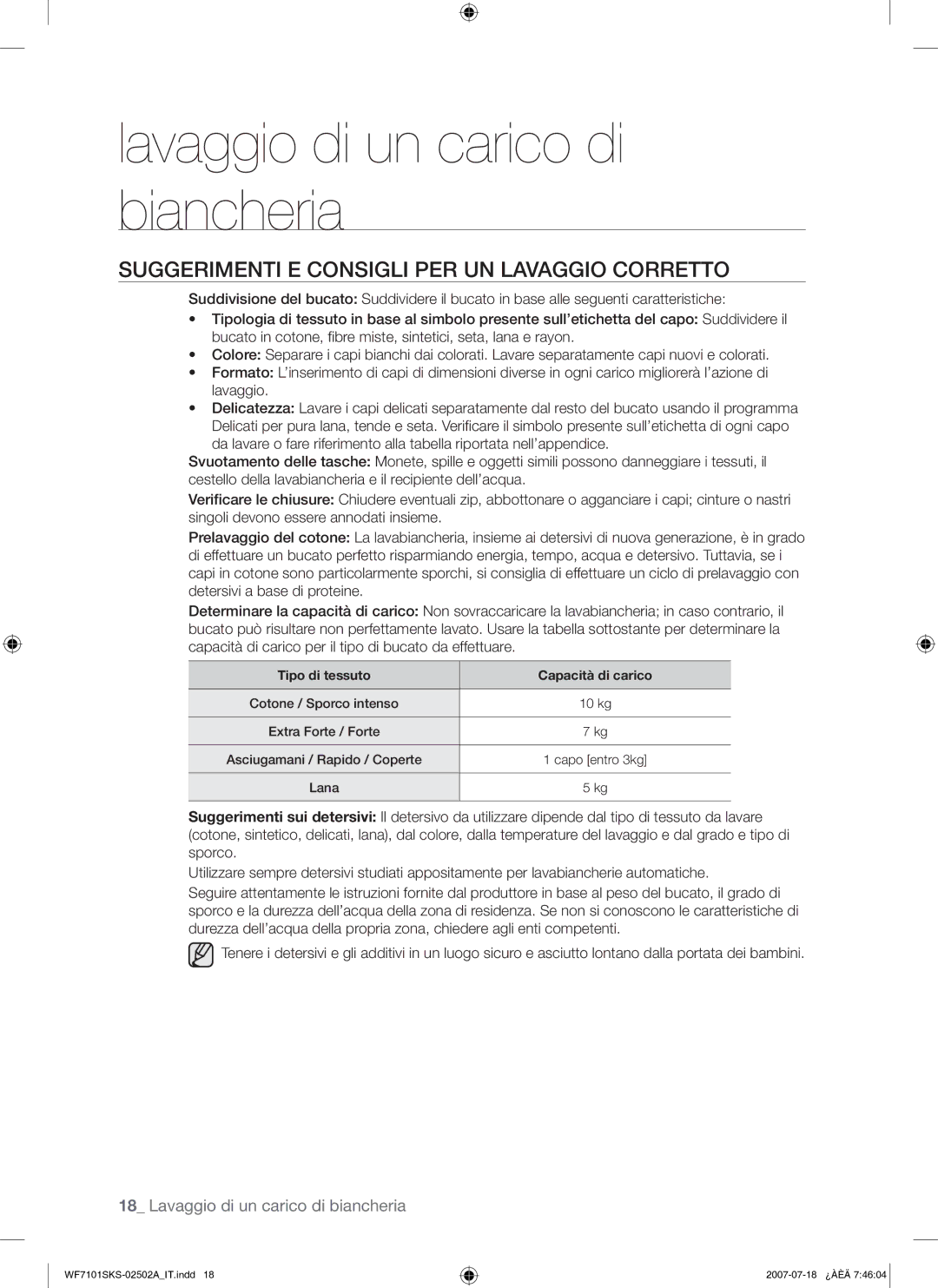 Samsung WF7101SKS/XET manual Suggerimenti E Consigli PER UN Lavaggio Corretto, Tipo di tessuto Capacità di carico 