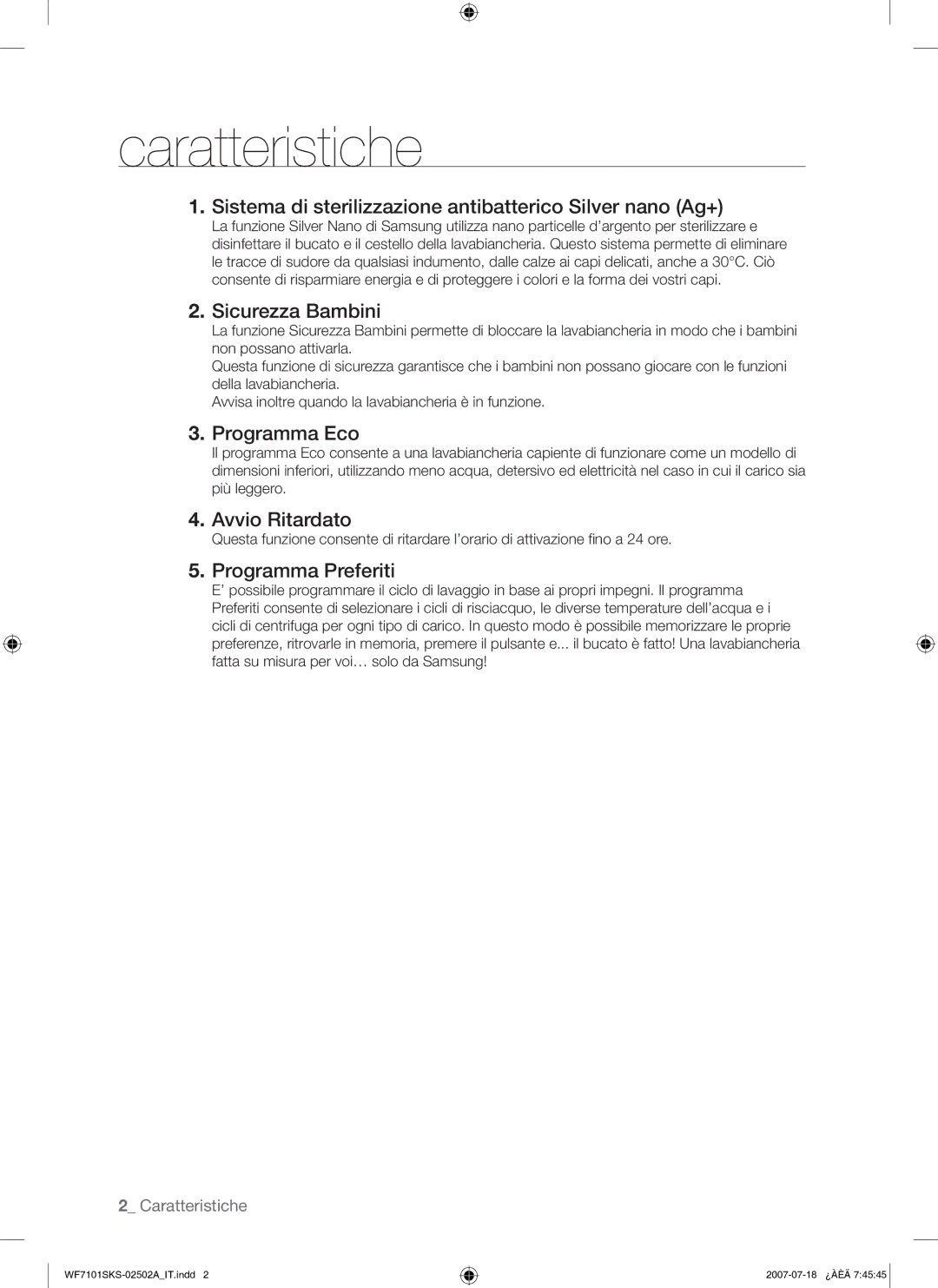 Samsung WF7101SKS/XET manual Caratteristiche 