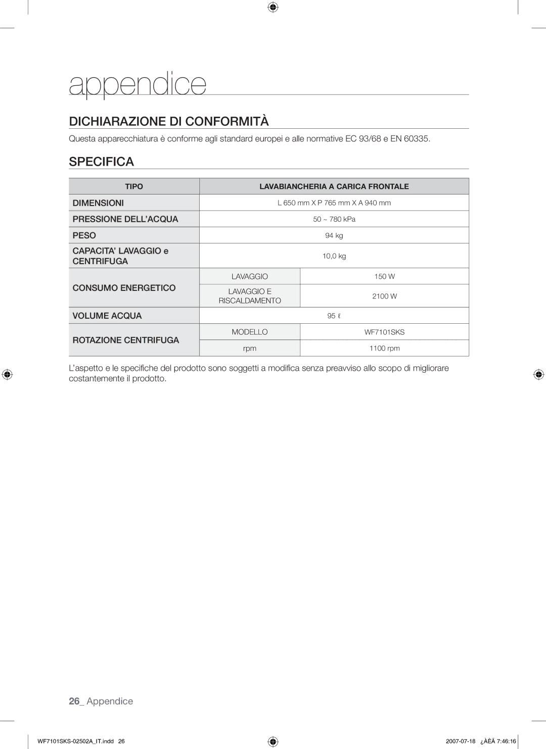 Samsung WF7101SKS/XET manual Dichiarazione DI Conformità, Specifica 