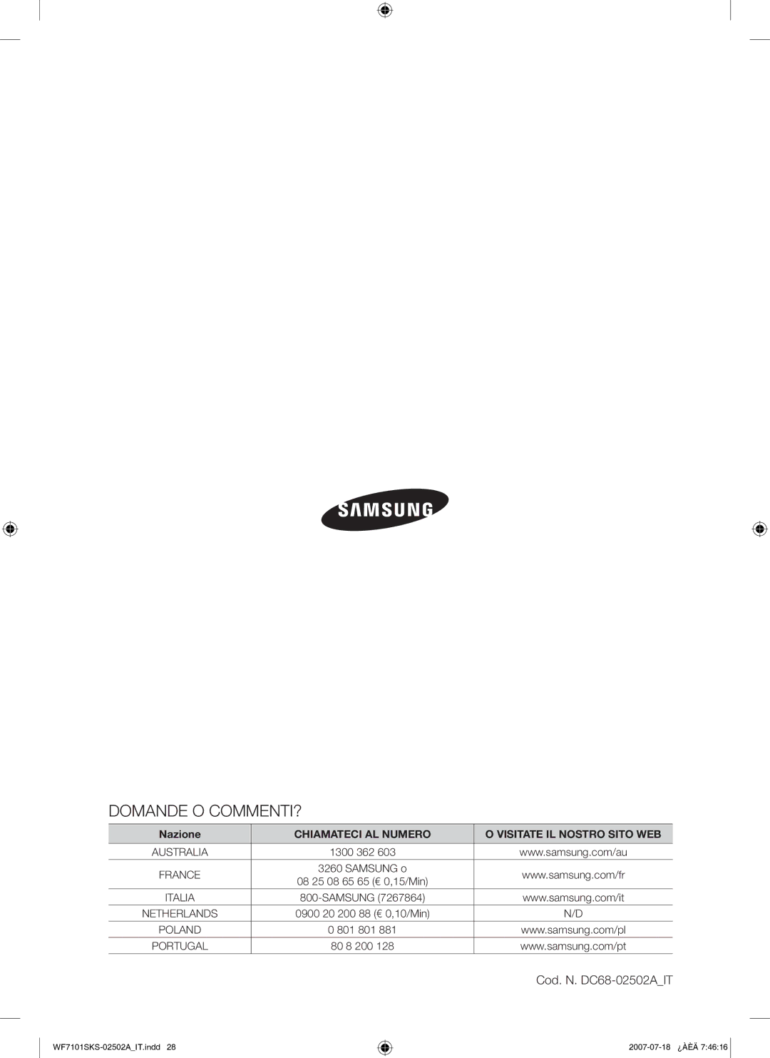 Samsung WF7101SKS/XET manual Domande O COMMENTI? 