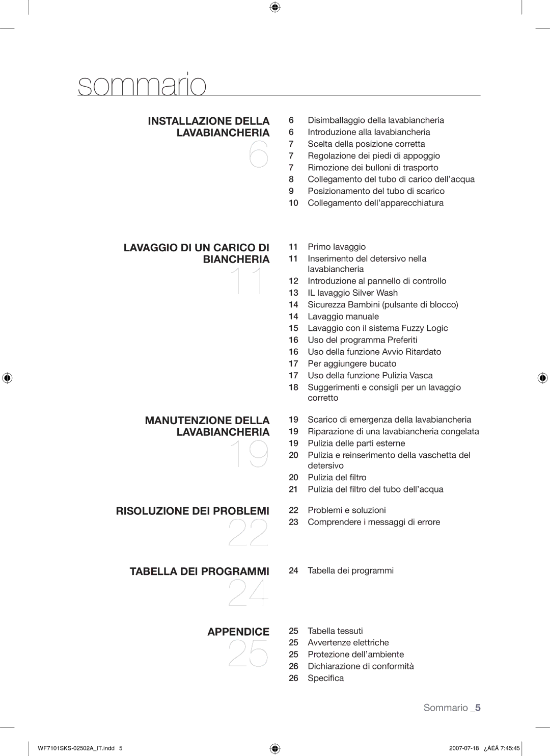 Samsung WF7101SKS/XET manual Sommario, Installazione Della Lavabiancheria 