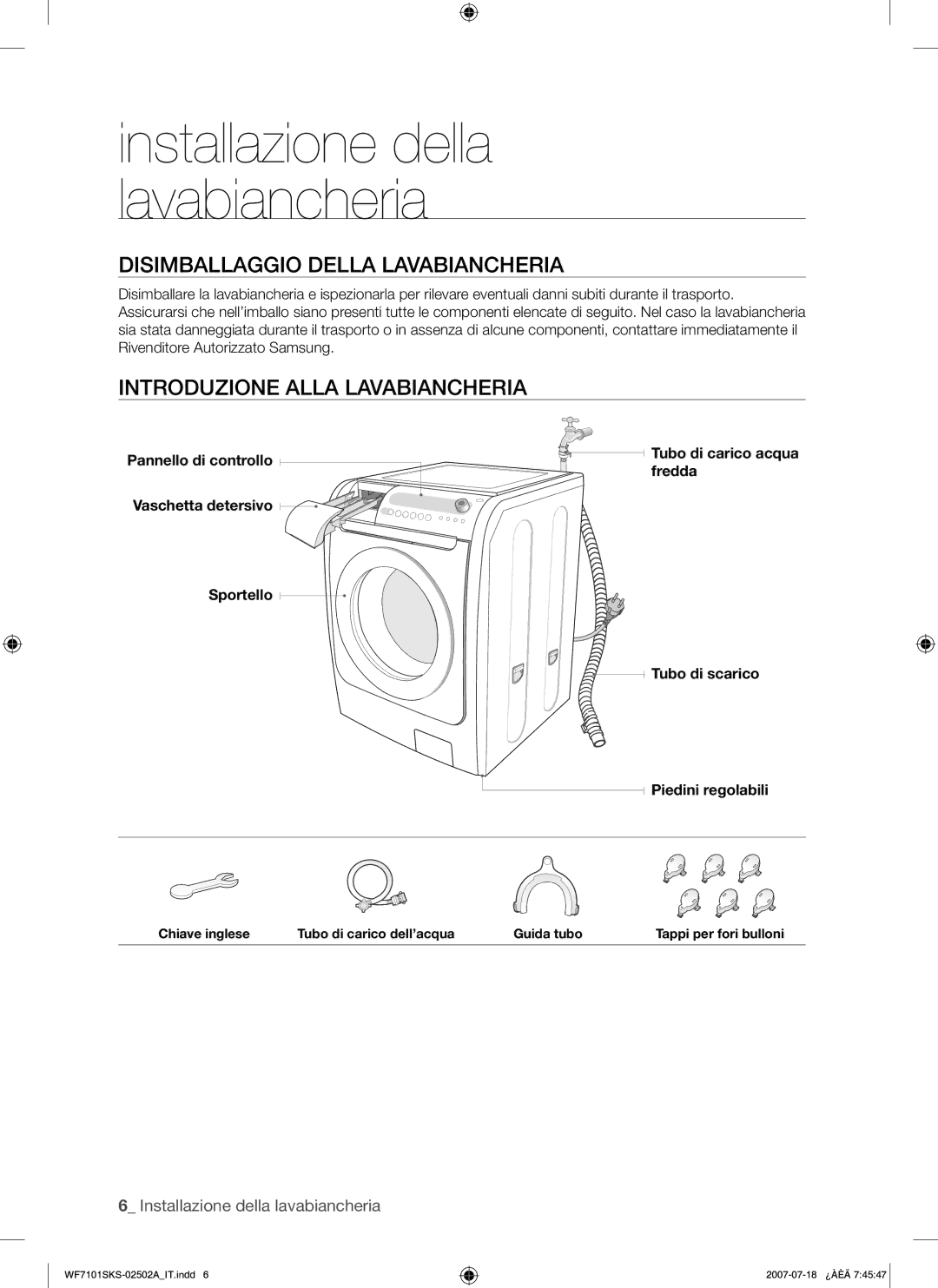 Samsung WF7101SKS/XET manual Disimballaggio Della Lavabiancheria, Introduzione Alla Lavabiancheria 