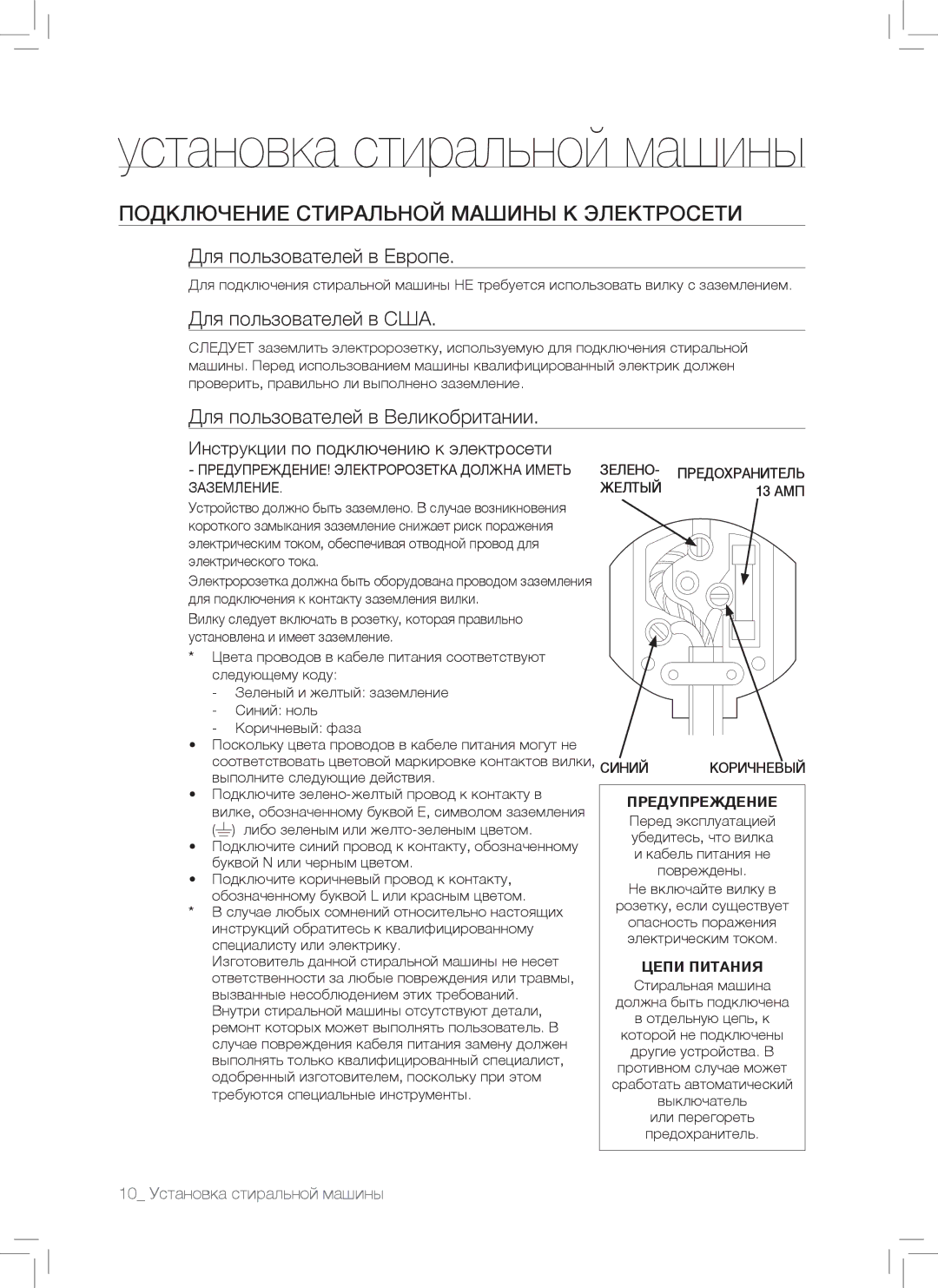 Samsung WF7102SKP/YLP Подключение Стиральной Машины К Электросети, Для пользователей в Европе, Для пользователей в США 