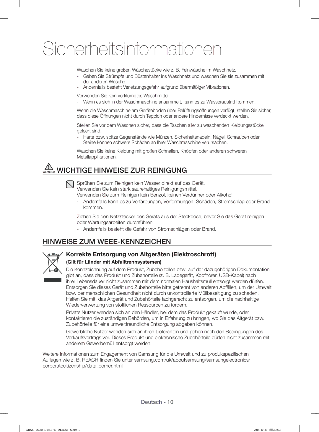 Samsung WF71184ZBD/XEG manual Warnung Wichtige Hinweise ZUR Reinigung, Hinweise ZUM WEEE-KENNZEICHEN 