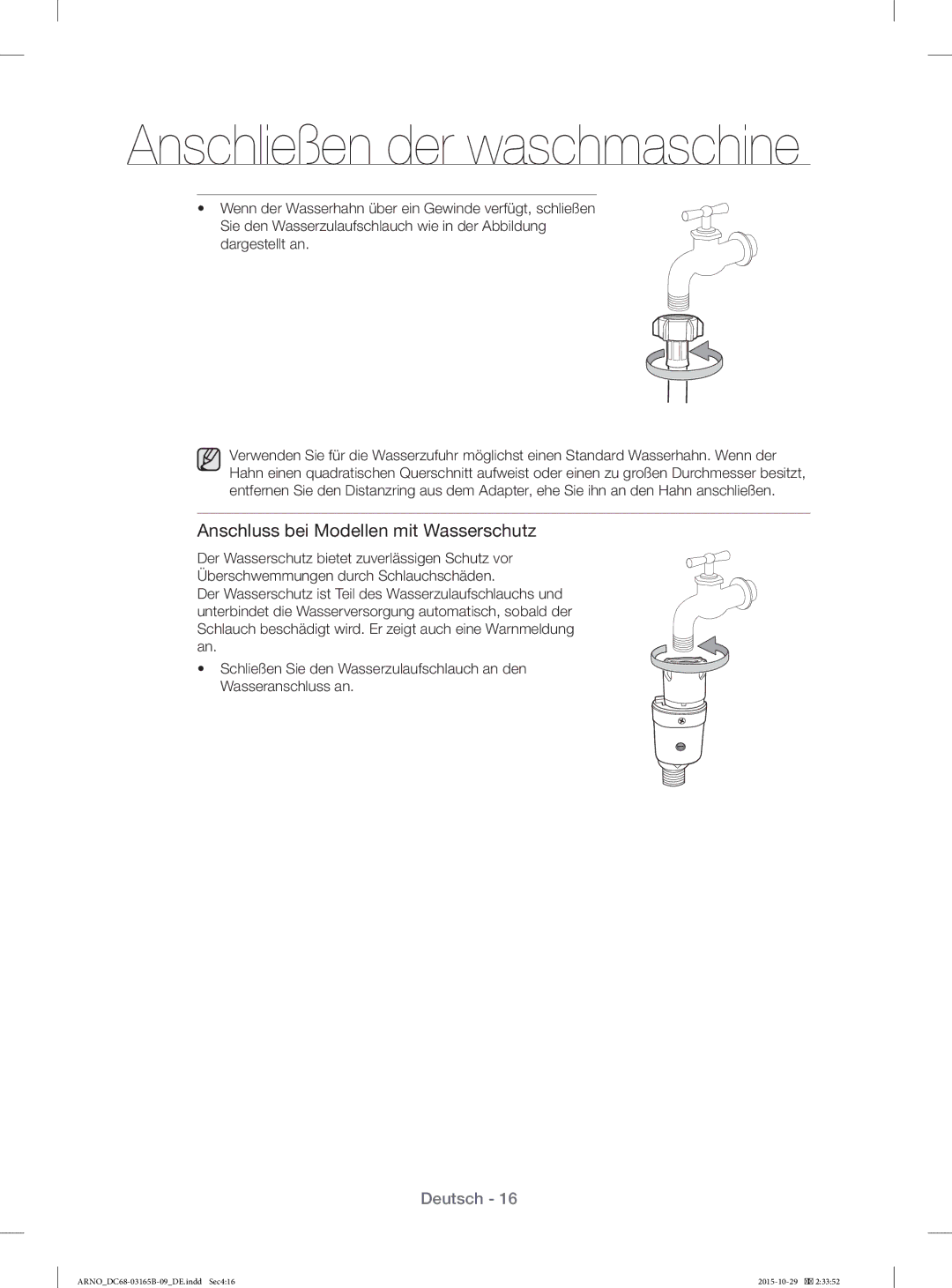 Samsung WF71184ZBD/XEG manual Anschluss bei Modellen mit Wasserschutz 