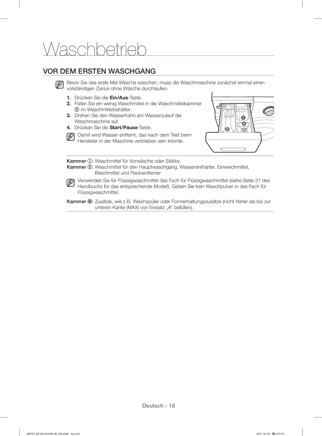 Samsung WF71184ZBD/XEG manual Waschbetrieb, VOR DEM Ersten Waschgang 