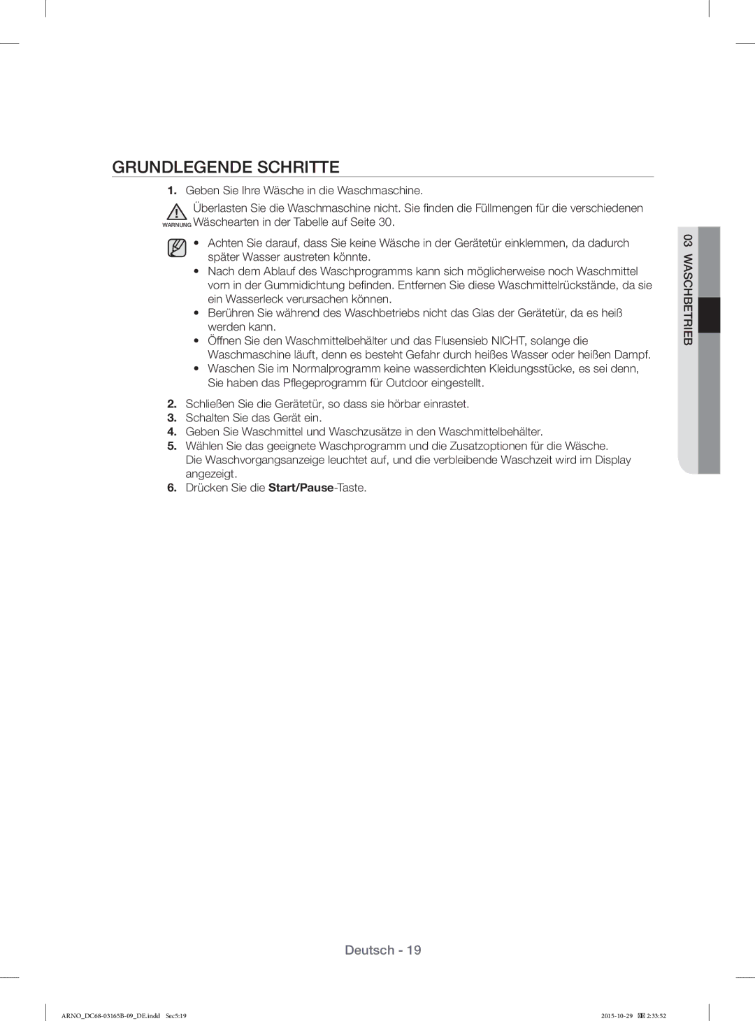 Samsung WF71184ZBD/XEG manual Grundlegende Schritte 