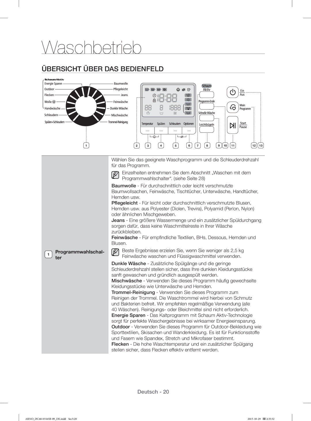 Samsung WF71184ZBD/XEG manual Übersicht Über DAS Bedienfeld 