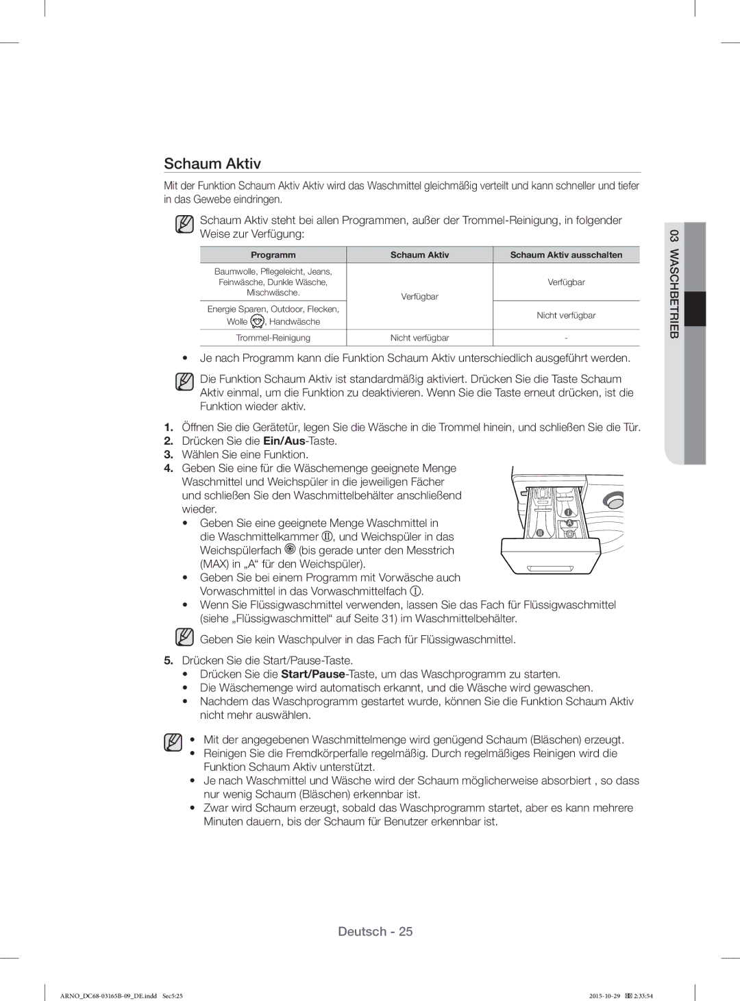 Samsung WF71184ZBD/XEG manual Programm Schaum Aktiv Schaum Aktiv ausschalten 